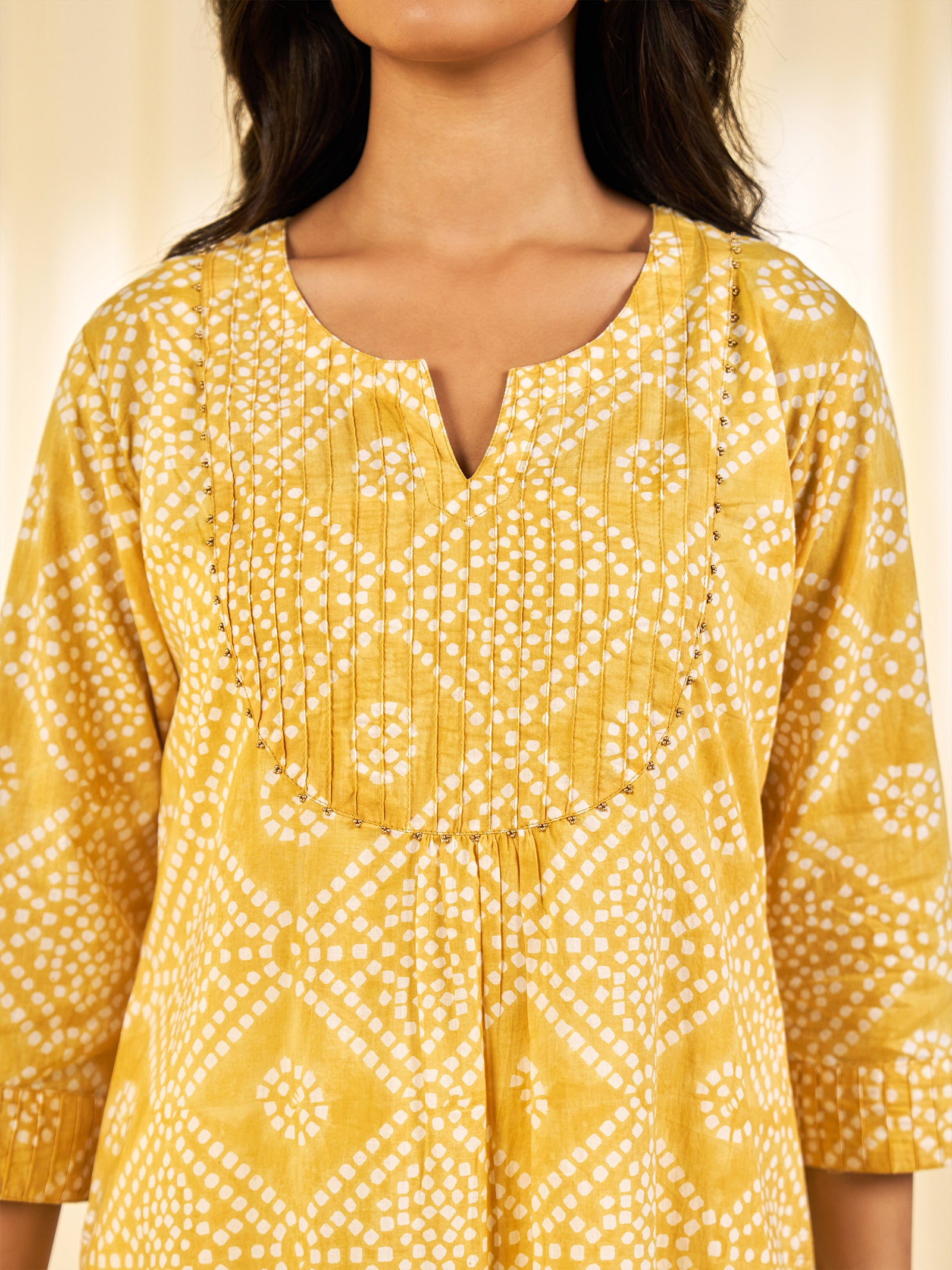 Block Bandhej Yellow Cotton Kurta
