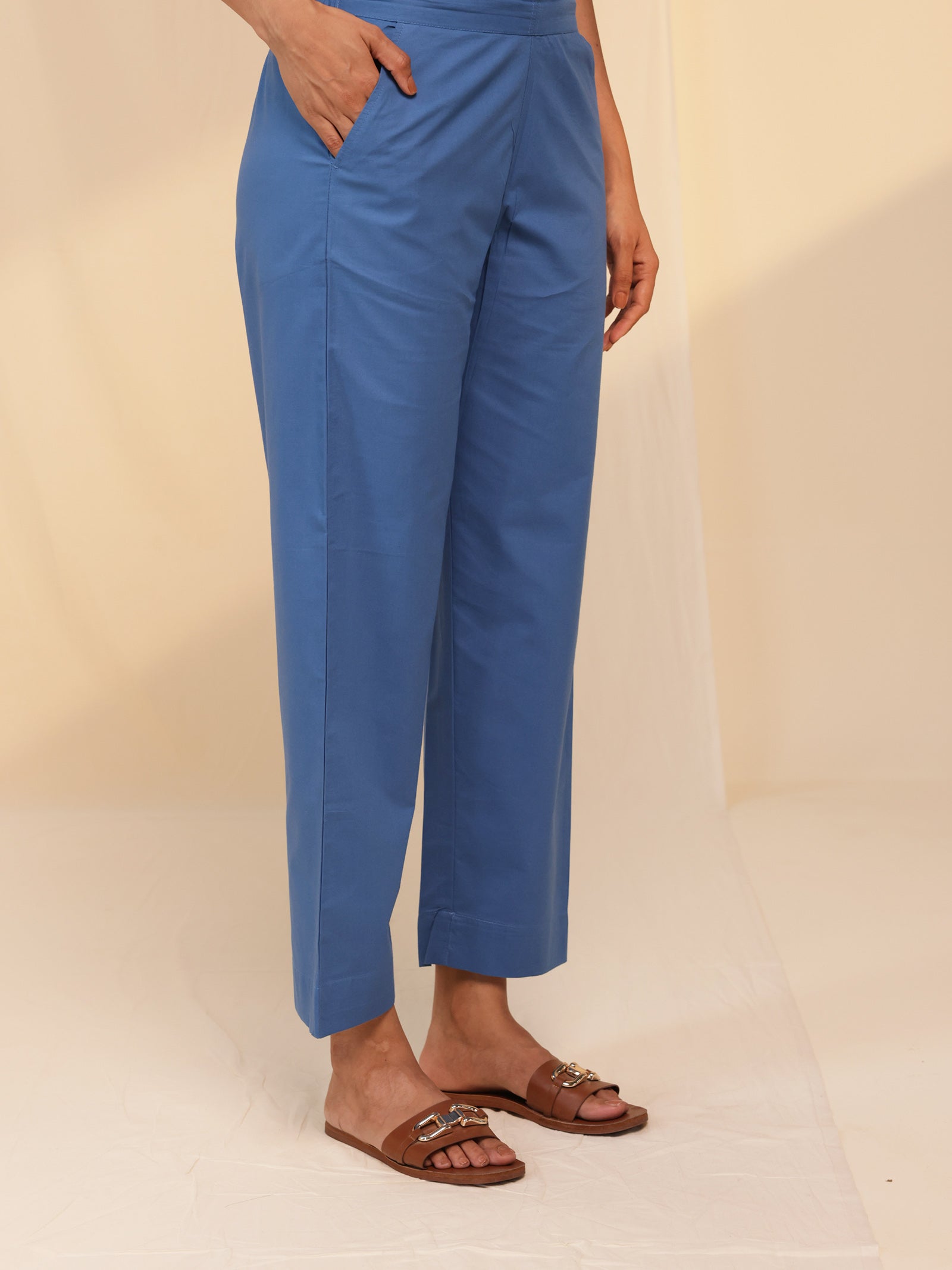 Blue Buttons Cotton Straight Pant