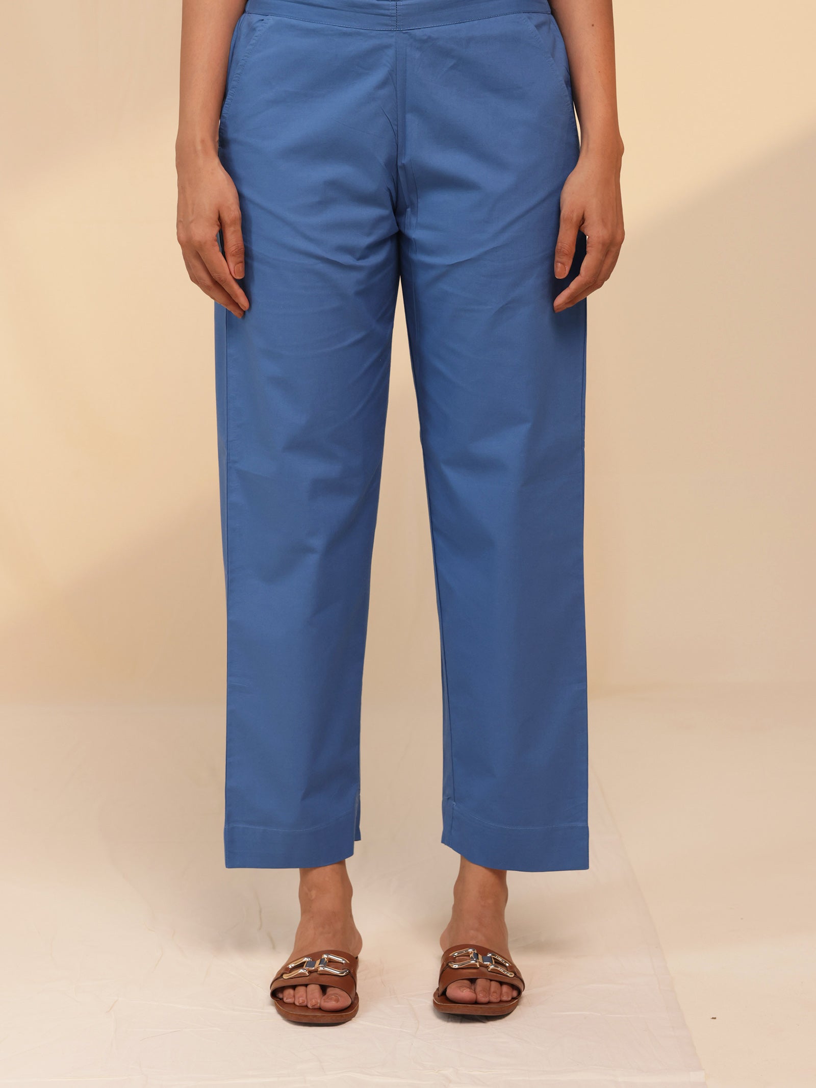 Blue Buttons Cotton Straight Pant