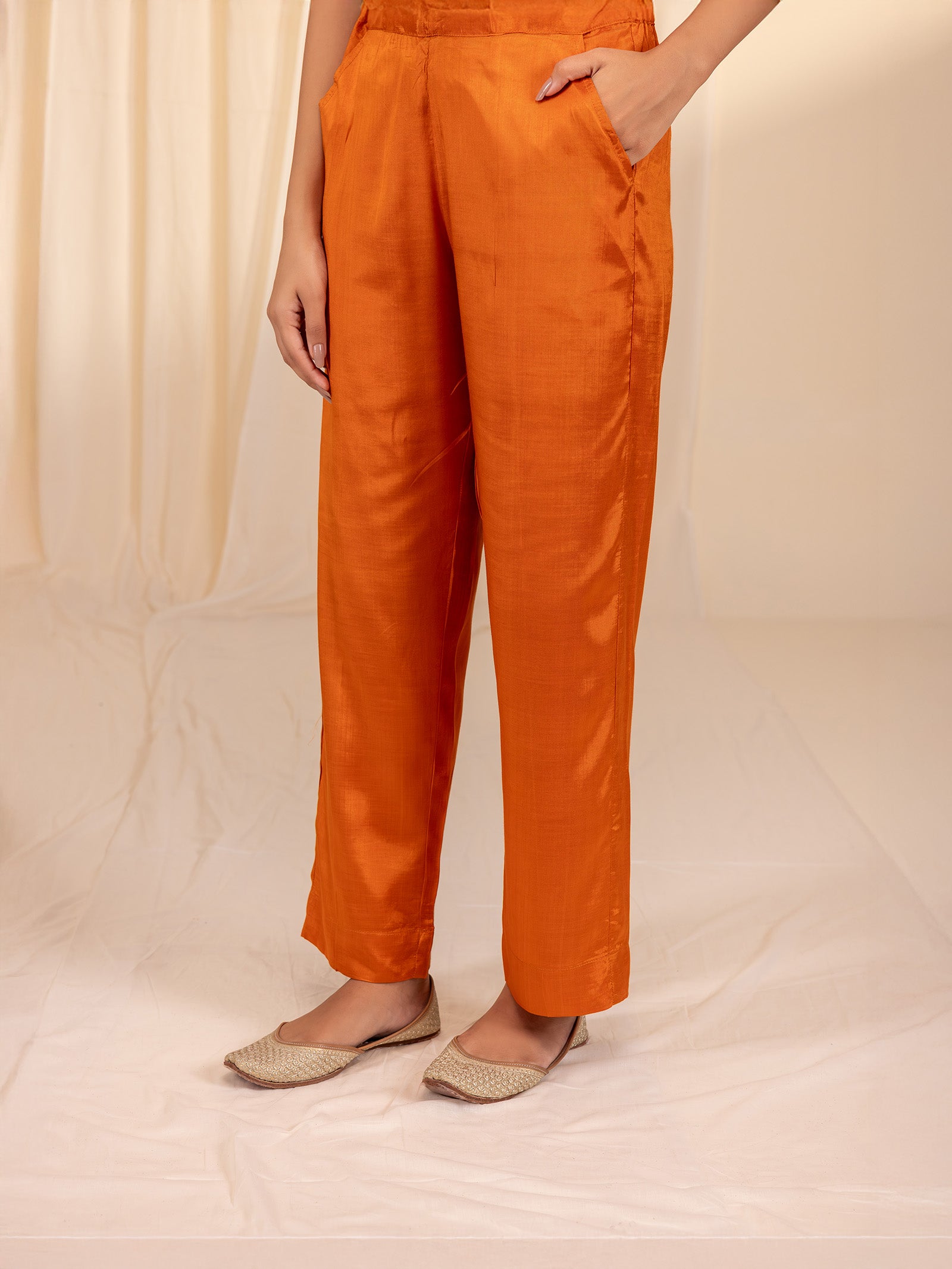Bold and Beautiful Tangerine Bamboo Silk Straight Pant