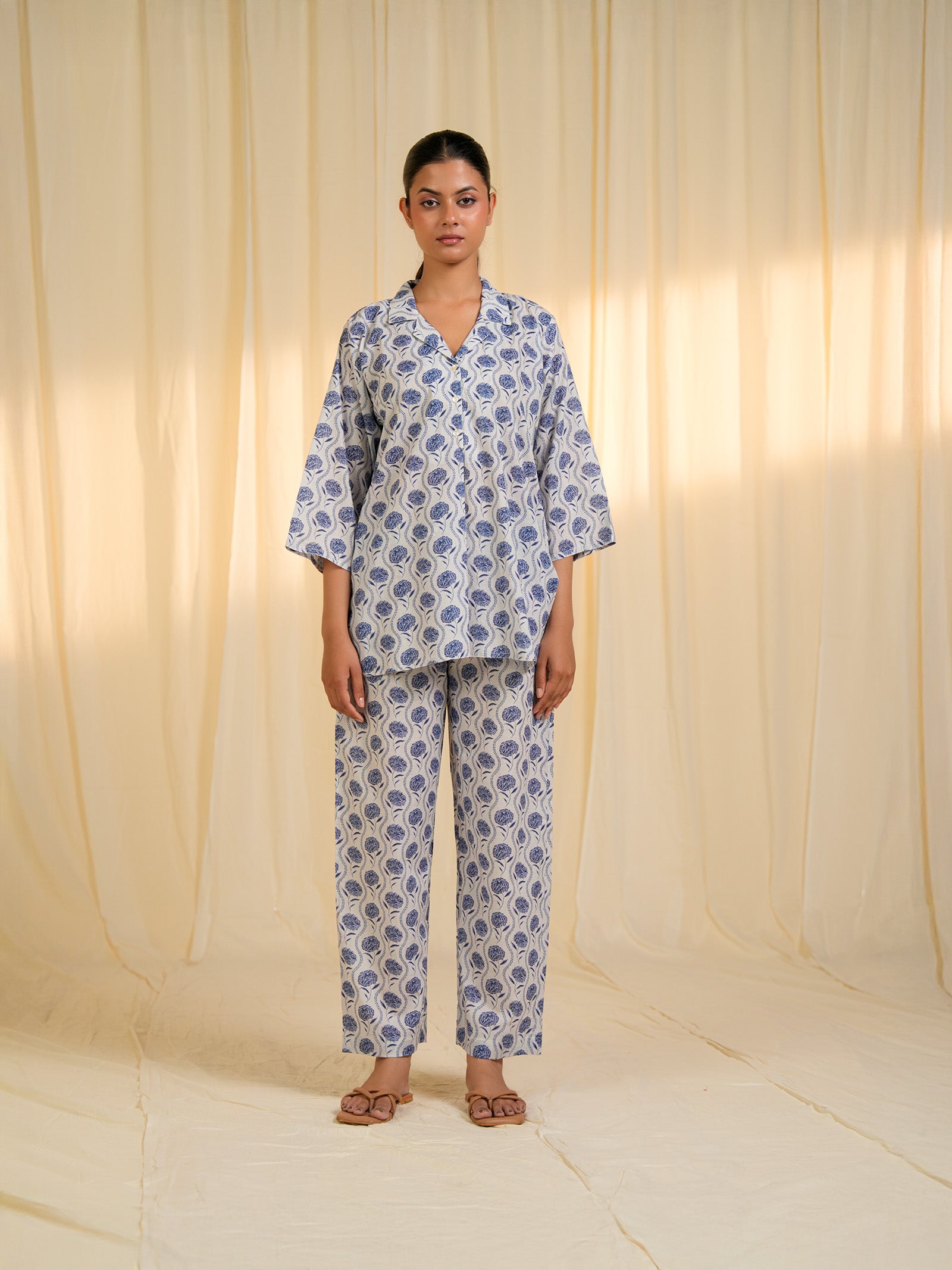 Carnation Blue Collared Cotton Night Suit