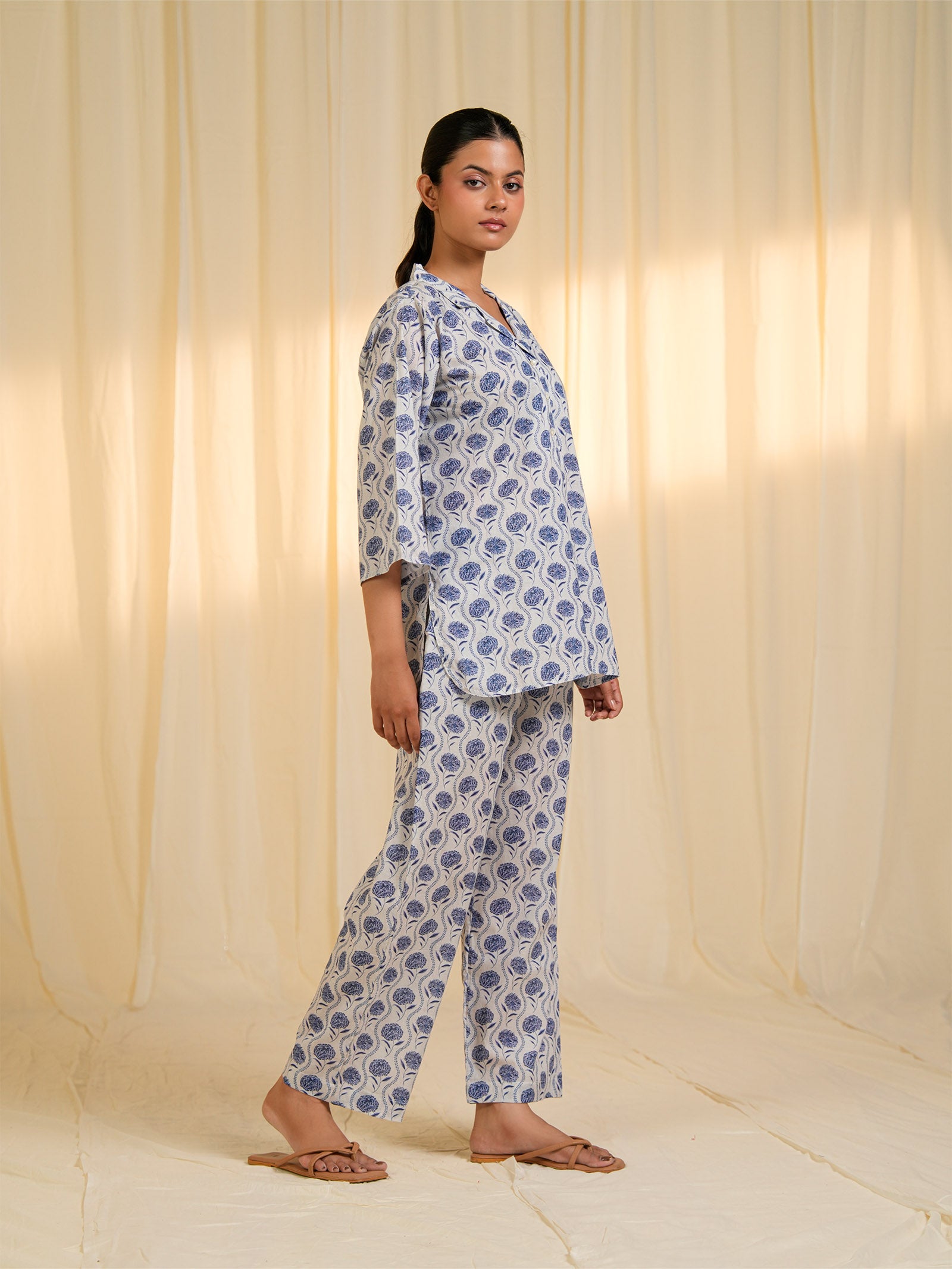 Carnation Blue Collared Cotton Night Suit