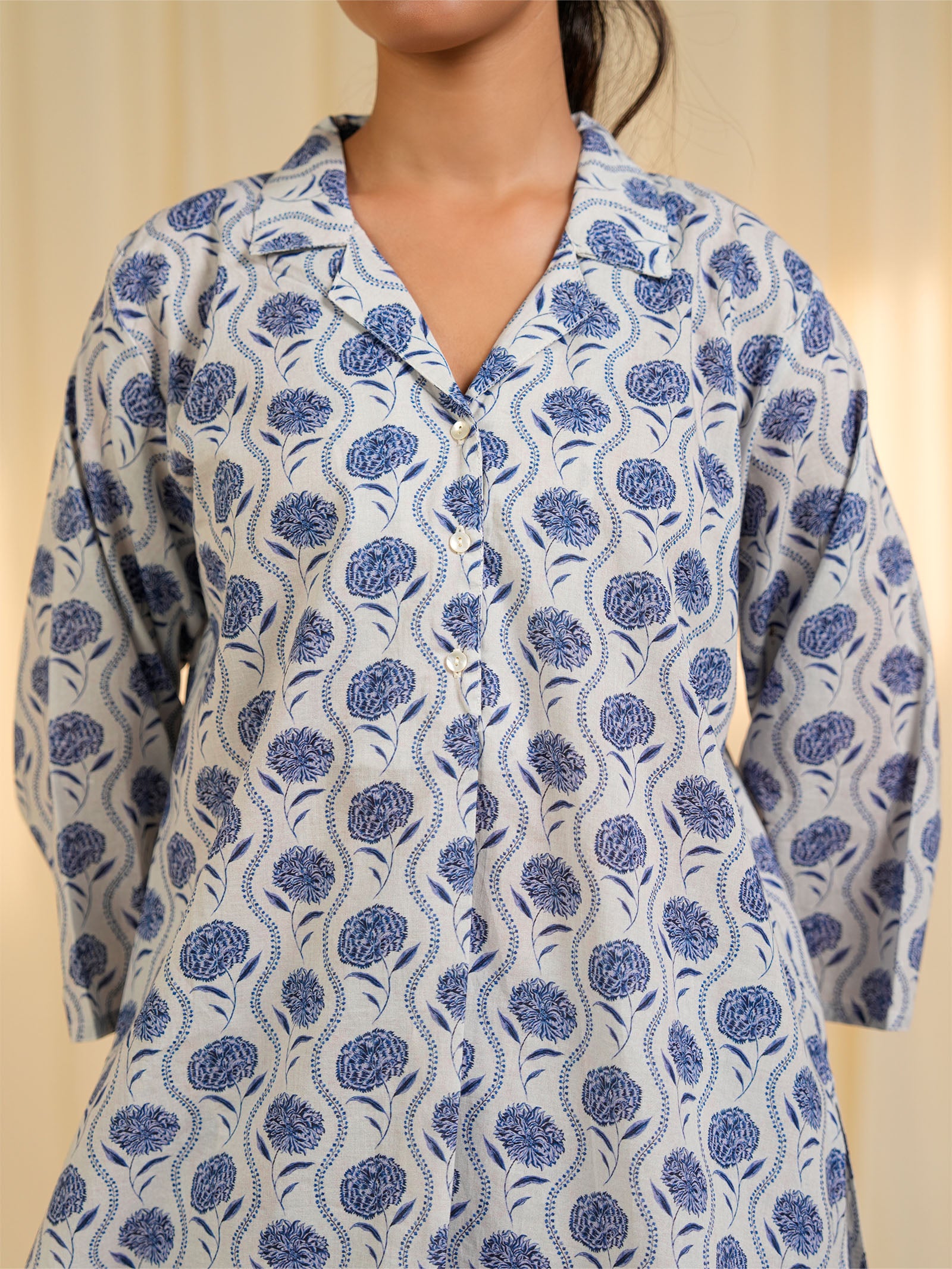 Carnation Blue Collared Cotton Night Suit