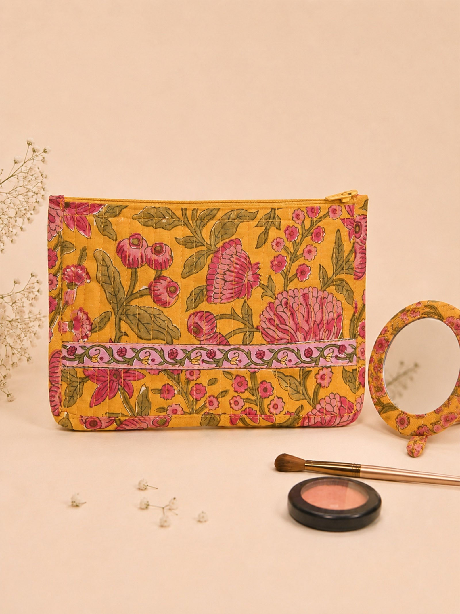 Chrysanthemum Quilted Makeup Pouch With Mirror