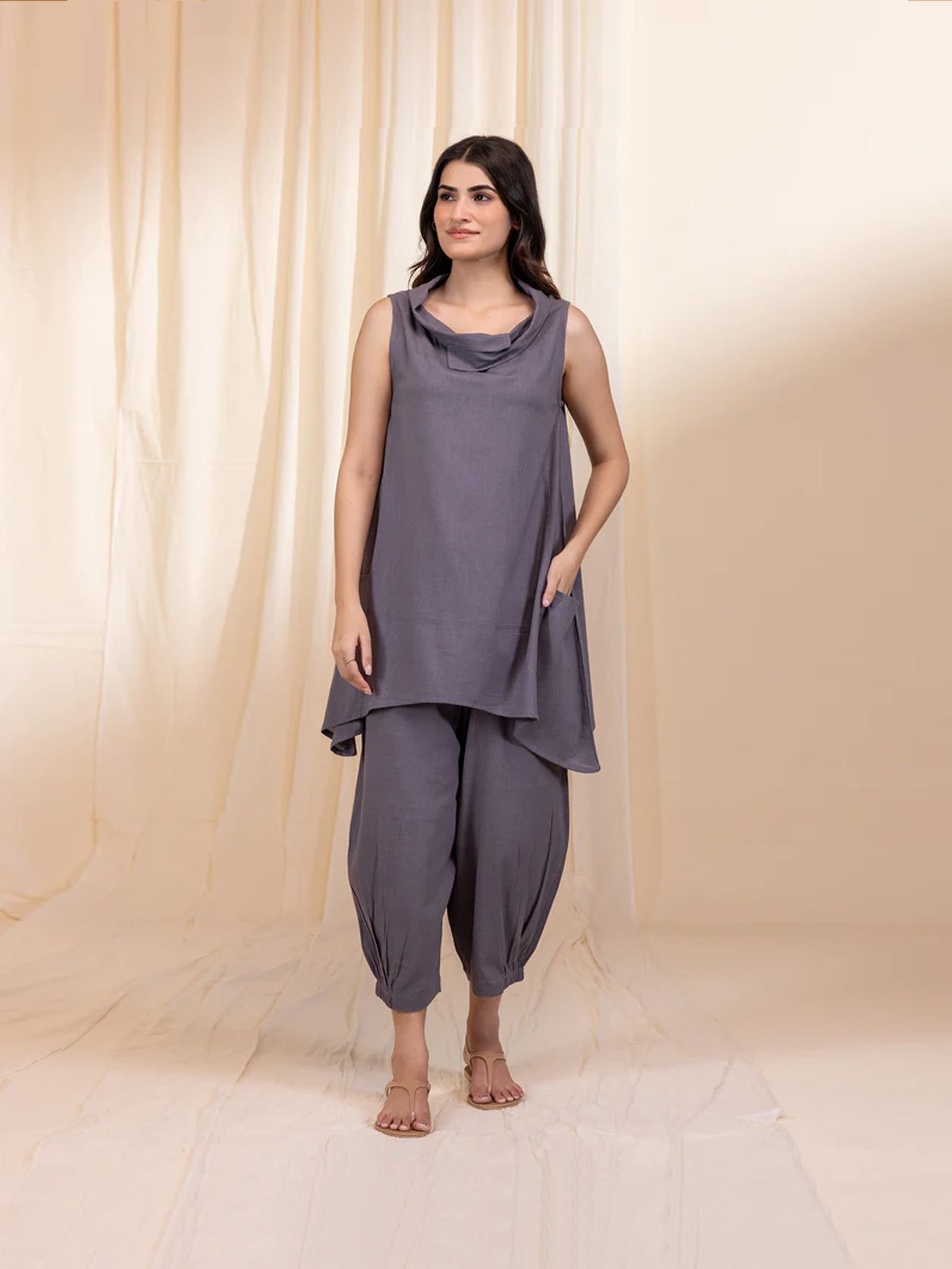 Cowl Grey Cotton Twin Set (Set Of 2 Pcs)