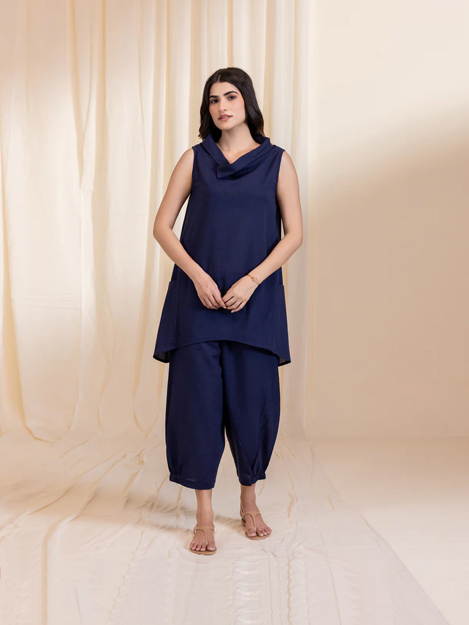 Cowl Navy Cotton Twin Set (Set Of 2 Pcs)