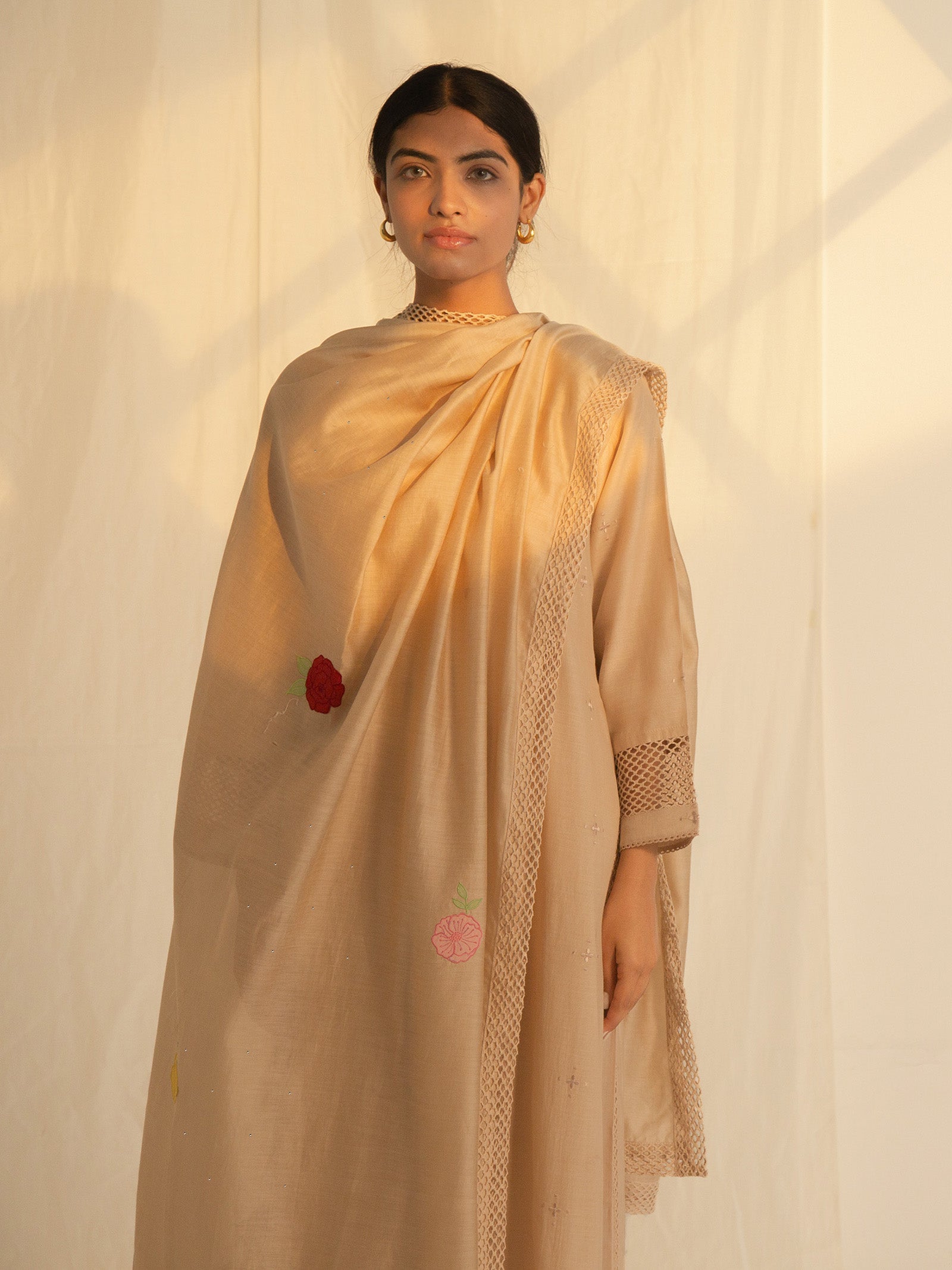 Satin Stitch Beige Chanderi Dupatta