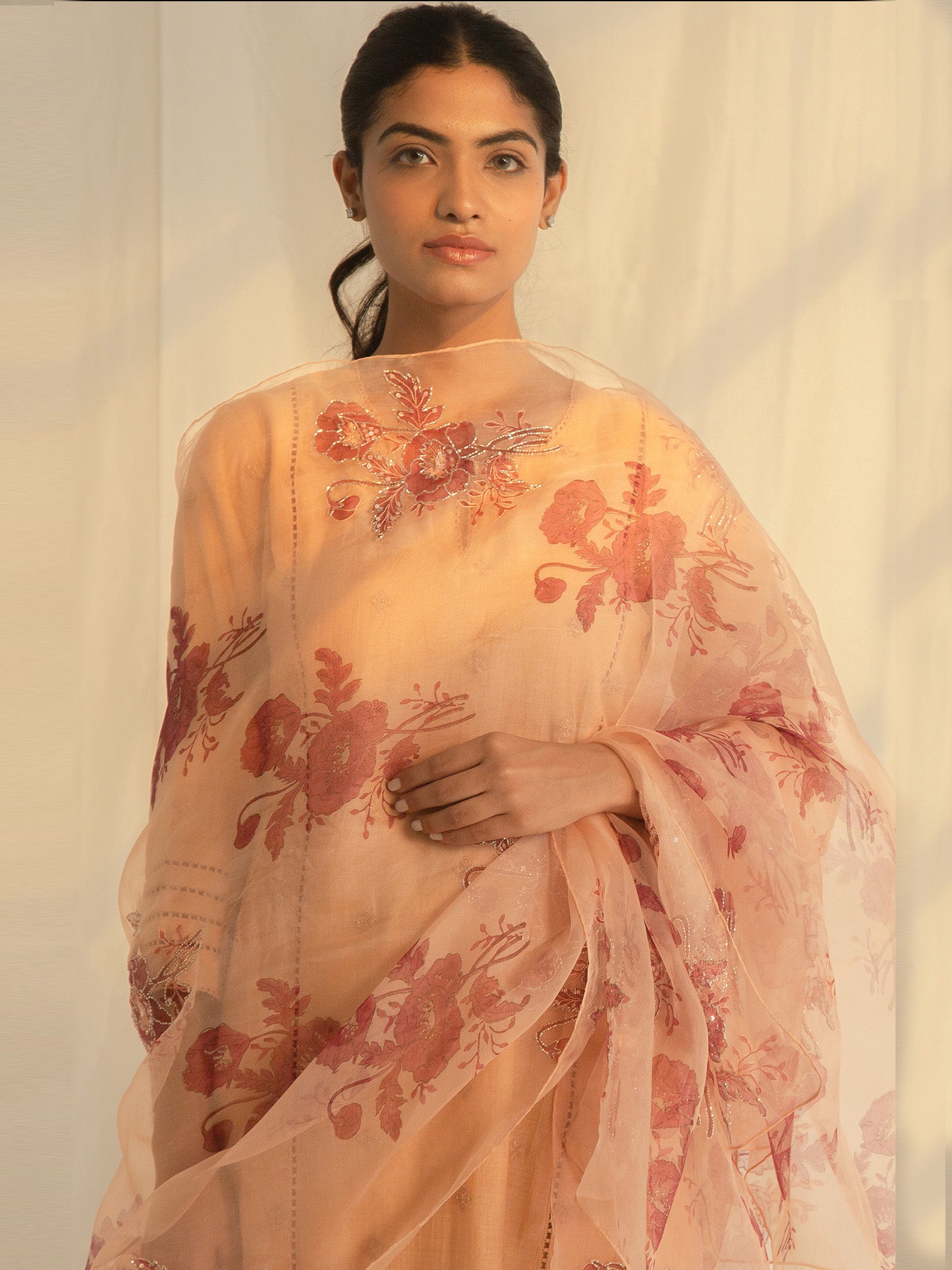 Satin Stitch Peach Organza Dupatta