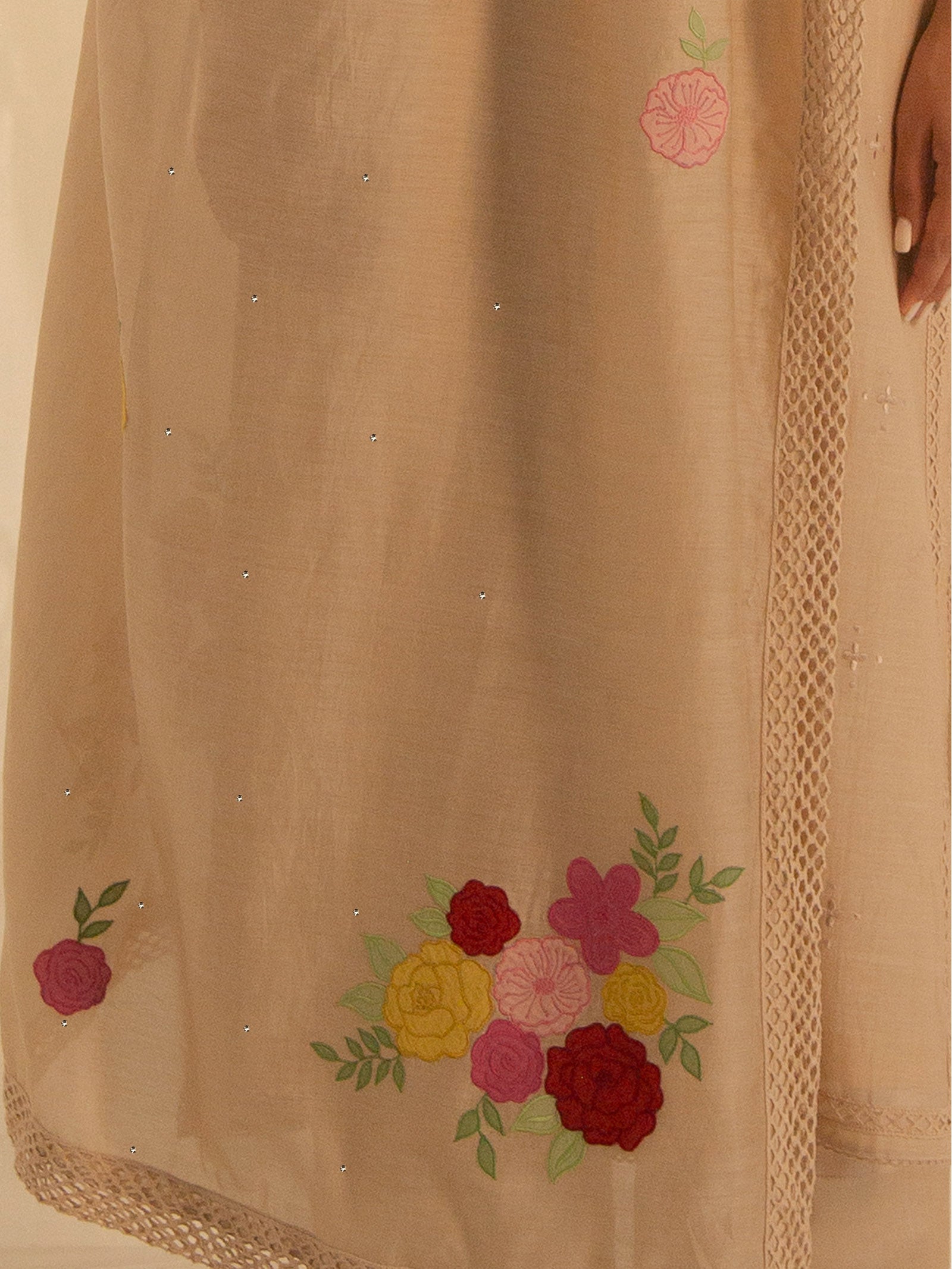 Satin Stitch Beige Chanderi Dupatta