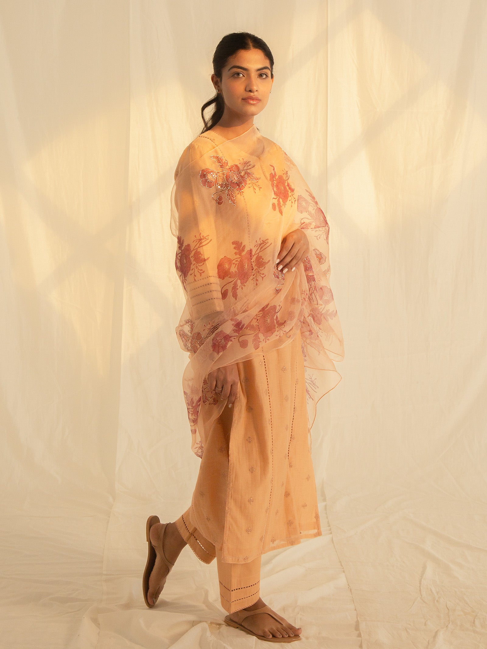 Satin Stitch Peach Organza Dupatta