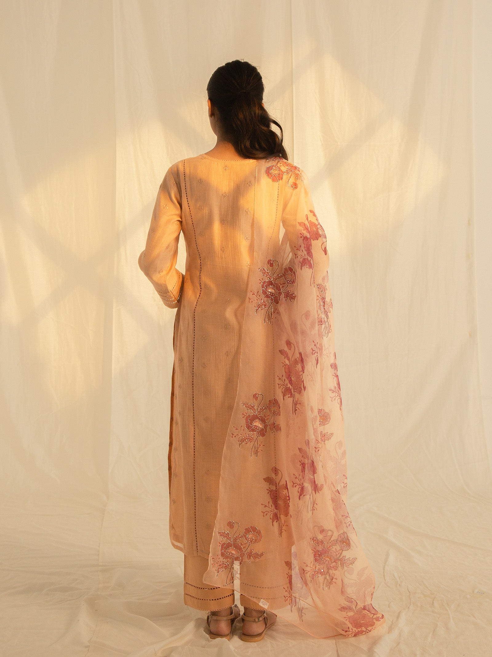 Satin Stitch Peach Organza Dupatta