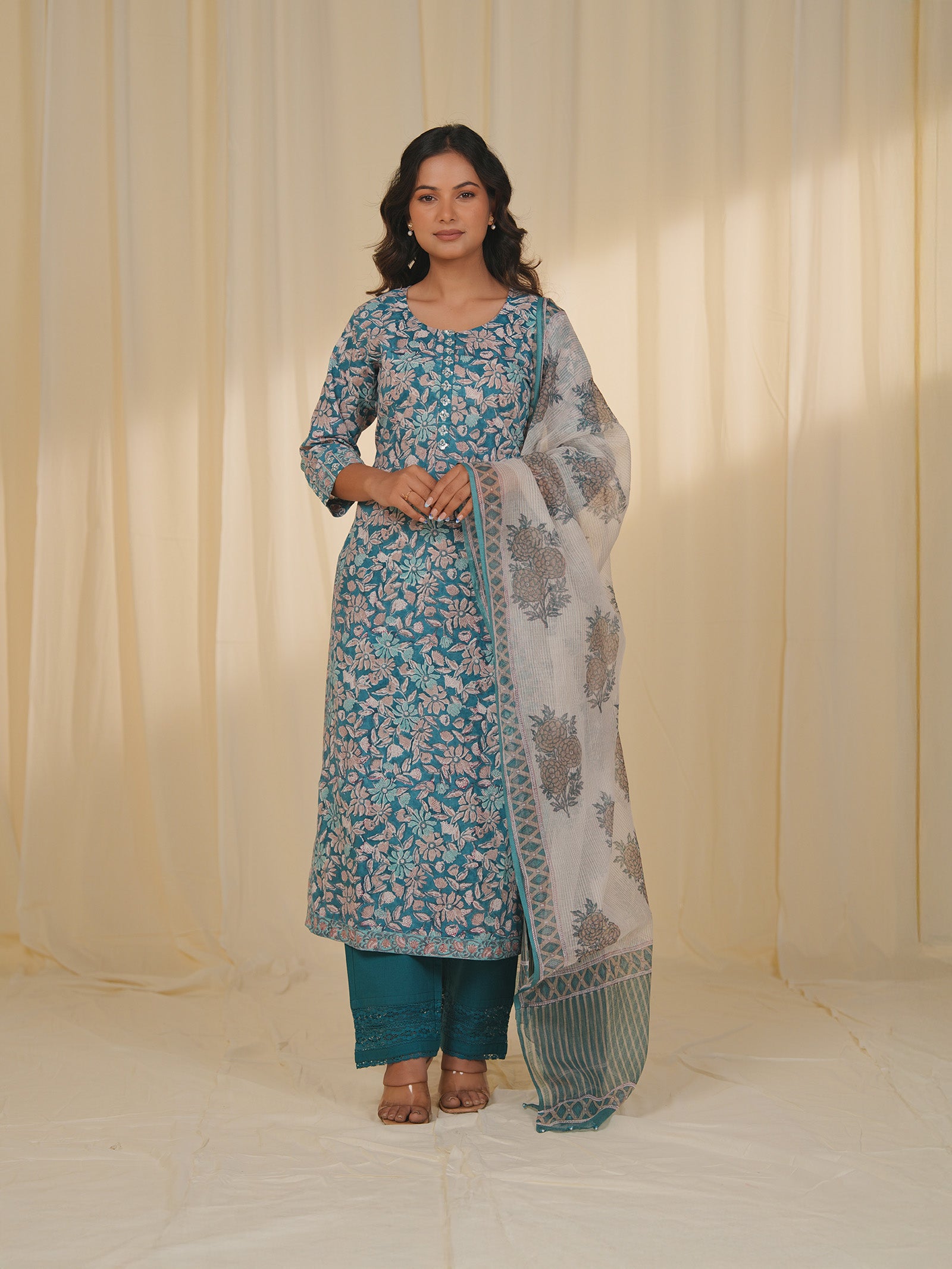 Teal Printed Kota Dupatta