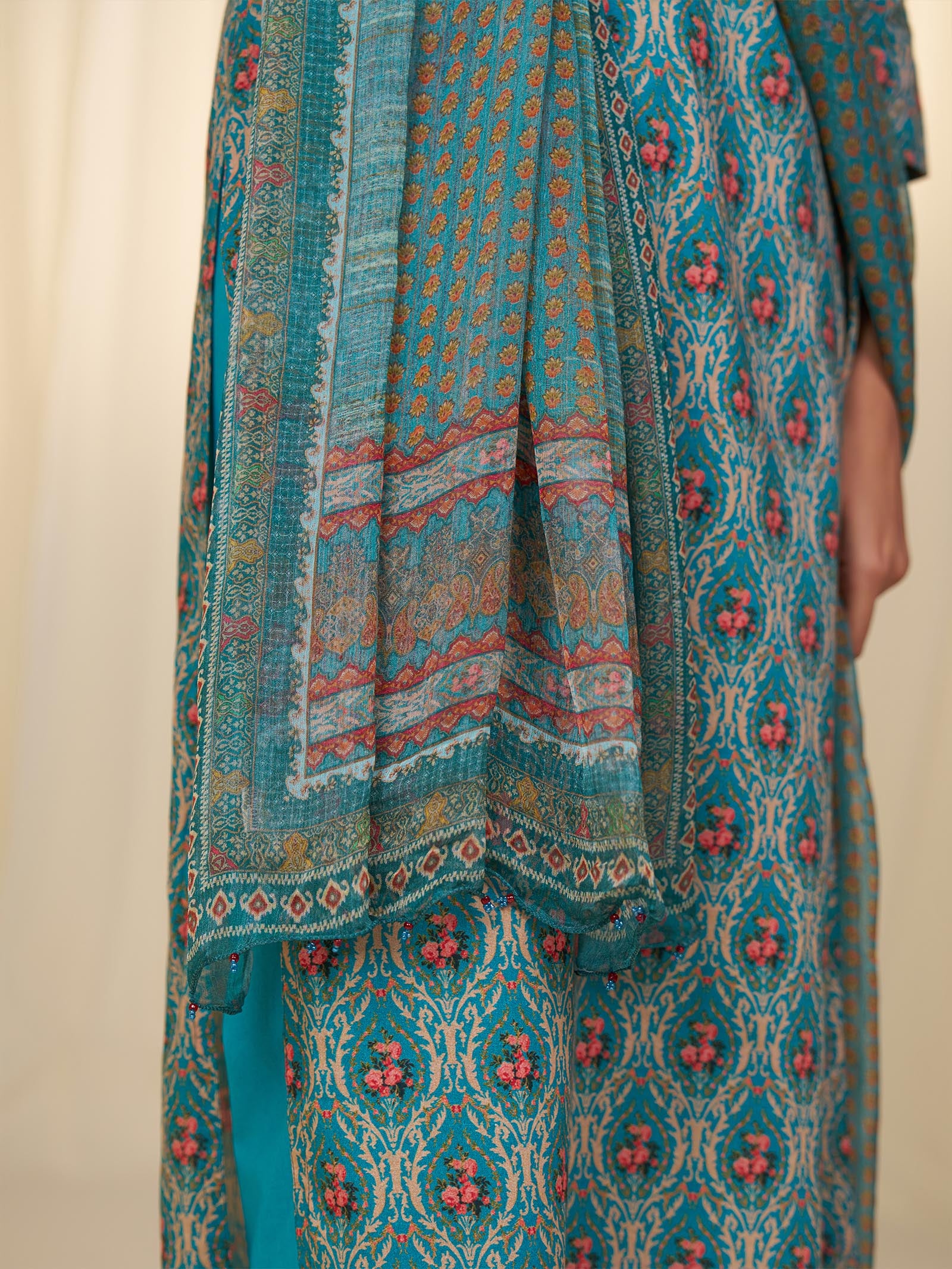 Indian Chintz Teal Chiffon Dupatta