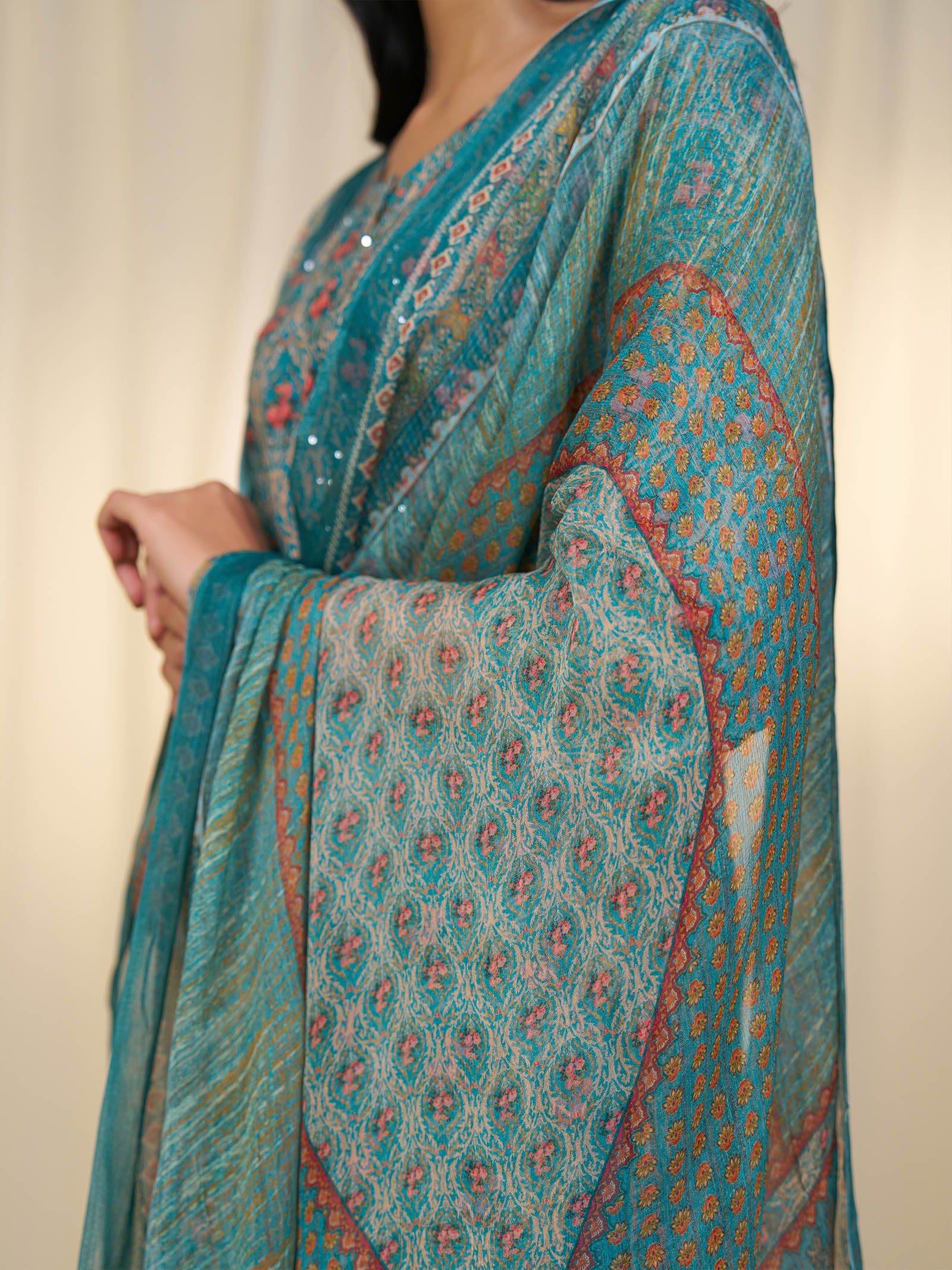 Indian Chintz Teal Chiffon Dupatta