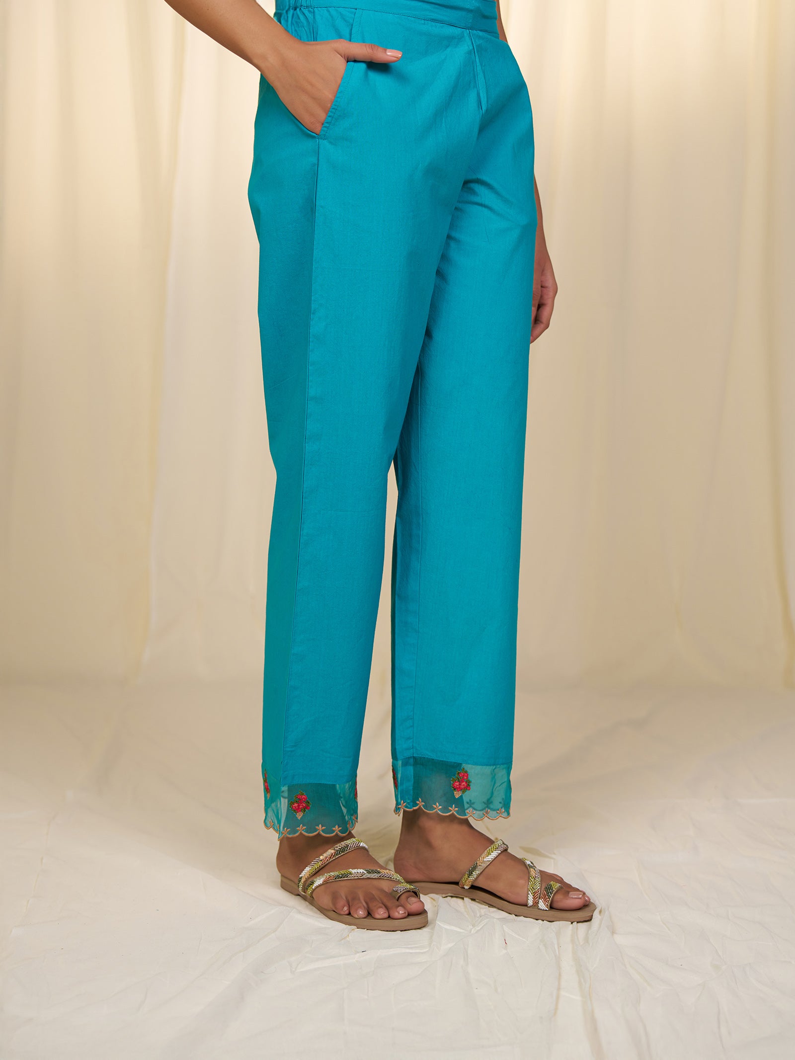 Indian Chintz Teal Cotton Straight Pants