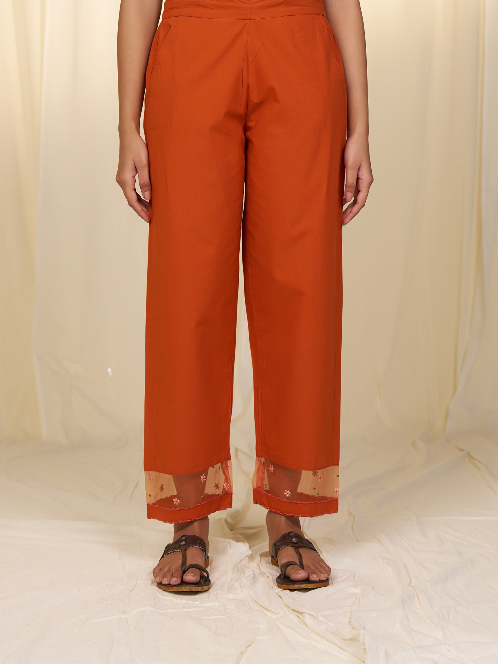 Indian Chintz Tangerine Cotton Straight Pants
