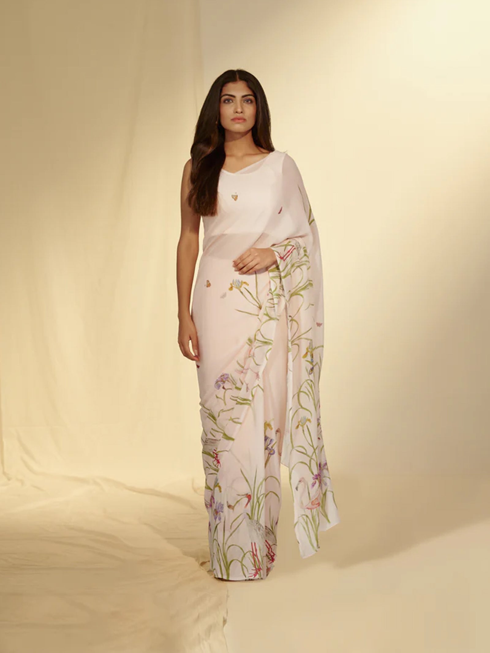 Enchanted Forest - Cranes & Irisis Chiffon Saree