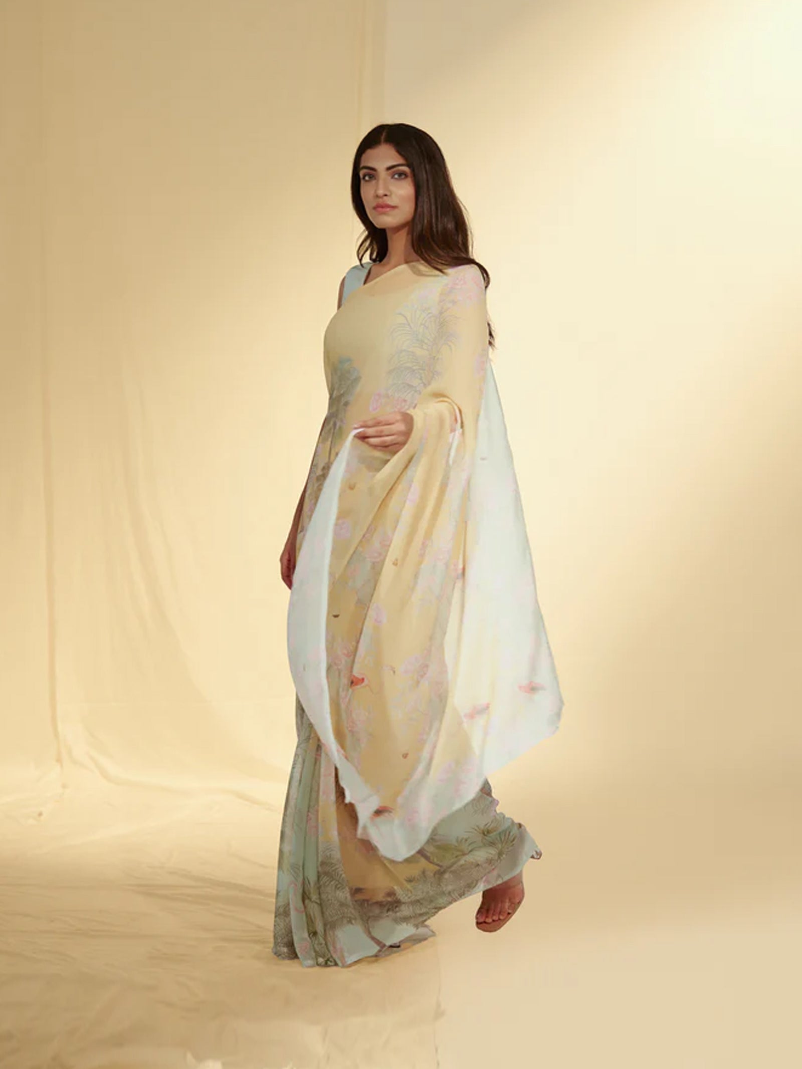 Enchanted Forest - Flamingo & Dates Chiffon Saree