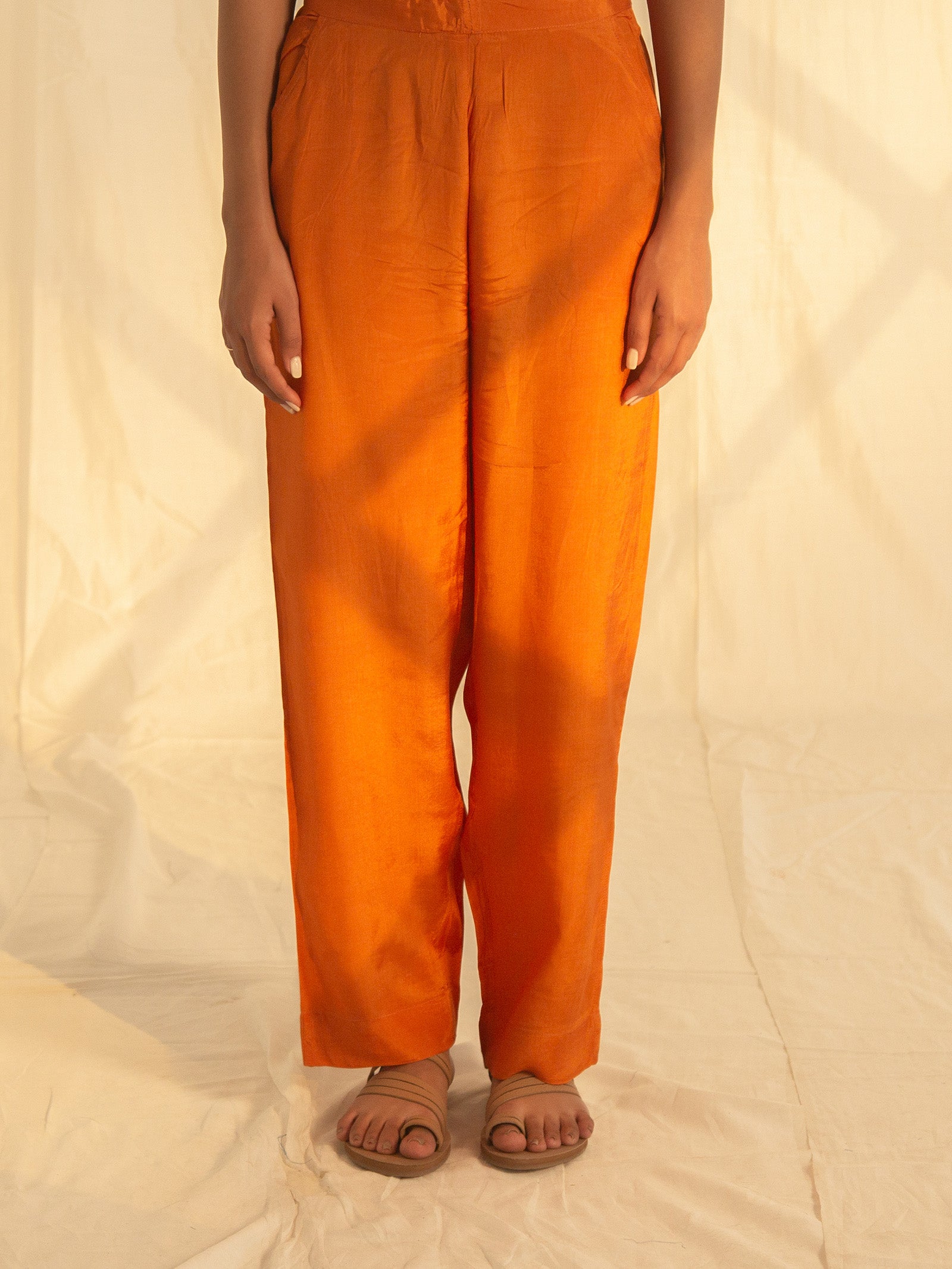 Festive Burnt Orange Bamboo Silk Straight Pant