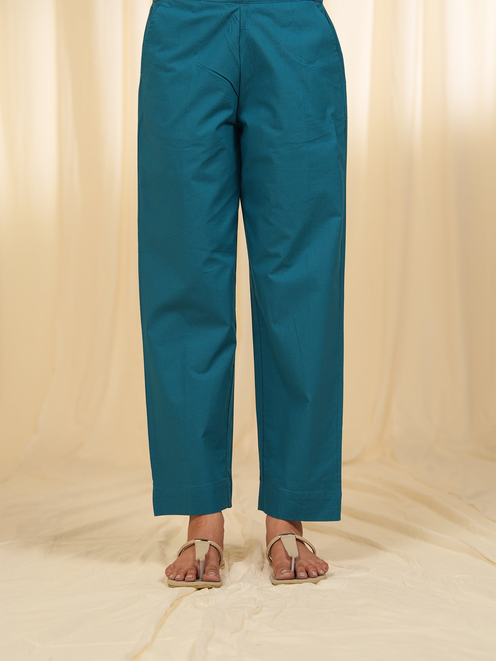 Filigree Teal Cotton Straight Pants