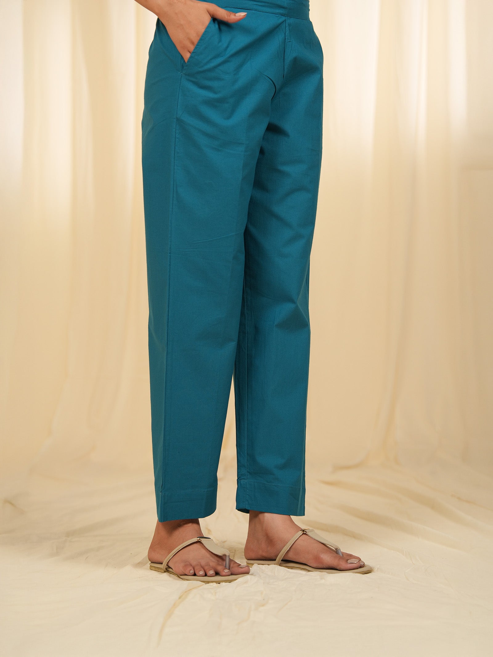 Filigree Teal Cotton Straight Pants