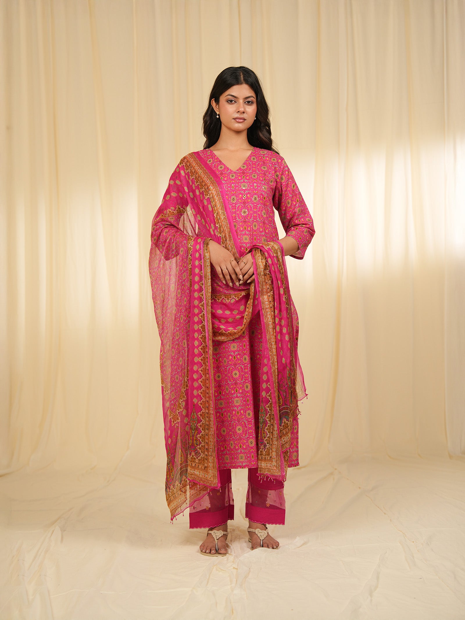 Indian Chintz Fuchsia Chiffon Dupatta