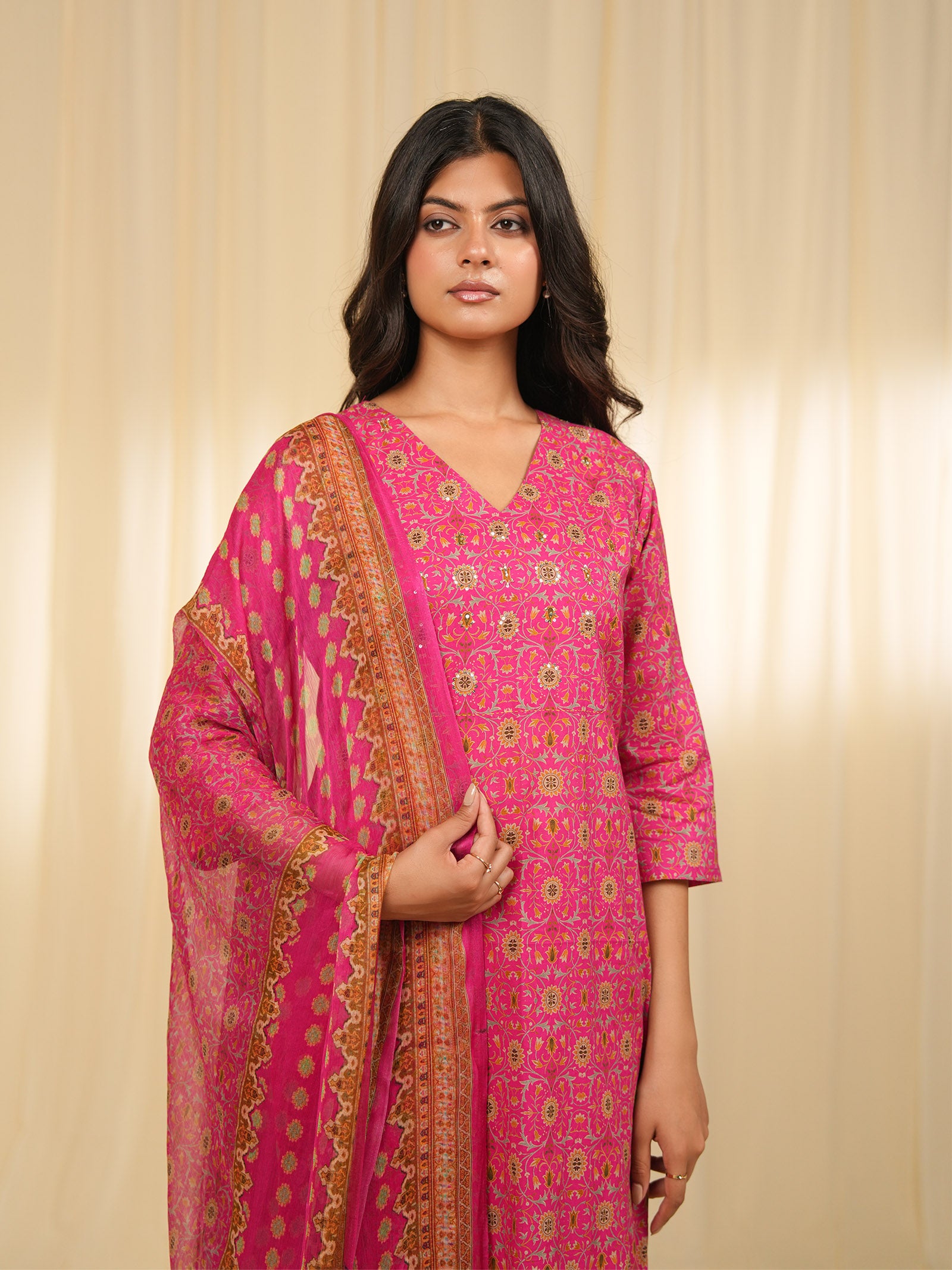 Indian Chintz Fuchsia Chiffon Dupatta