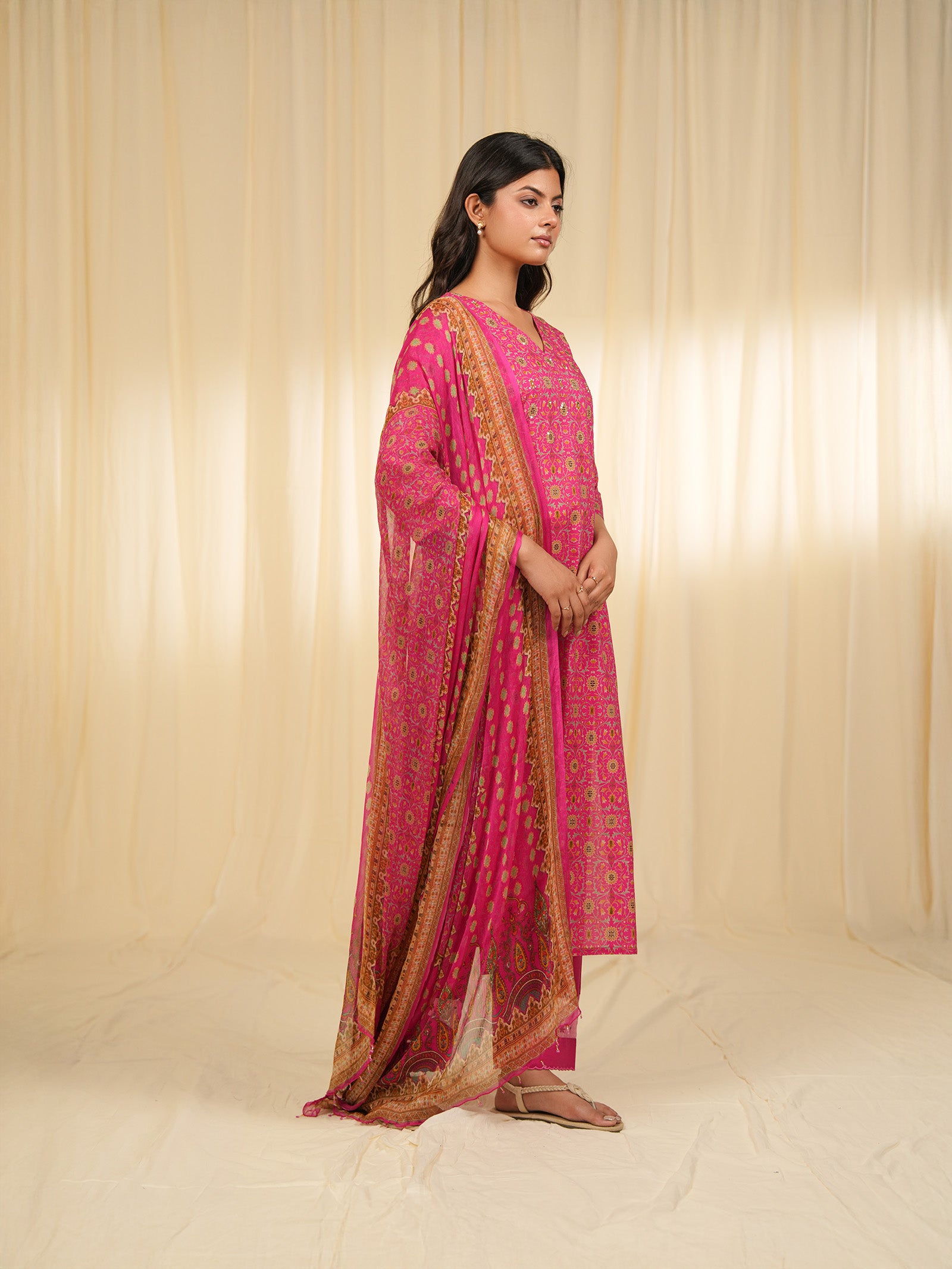 Indian Chintz Fuchsia Chiffon Dupatta