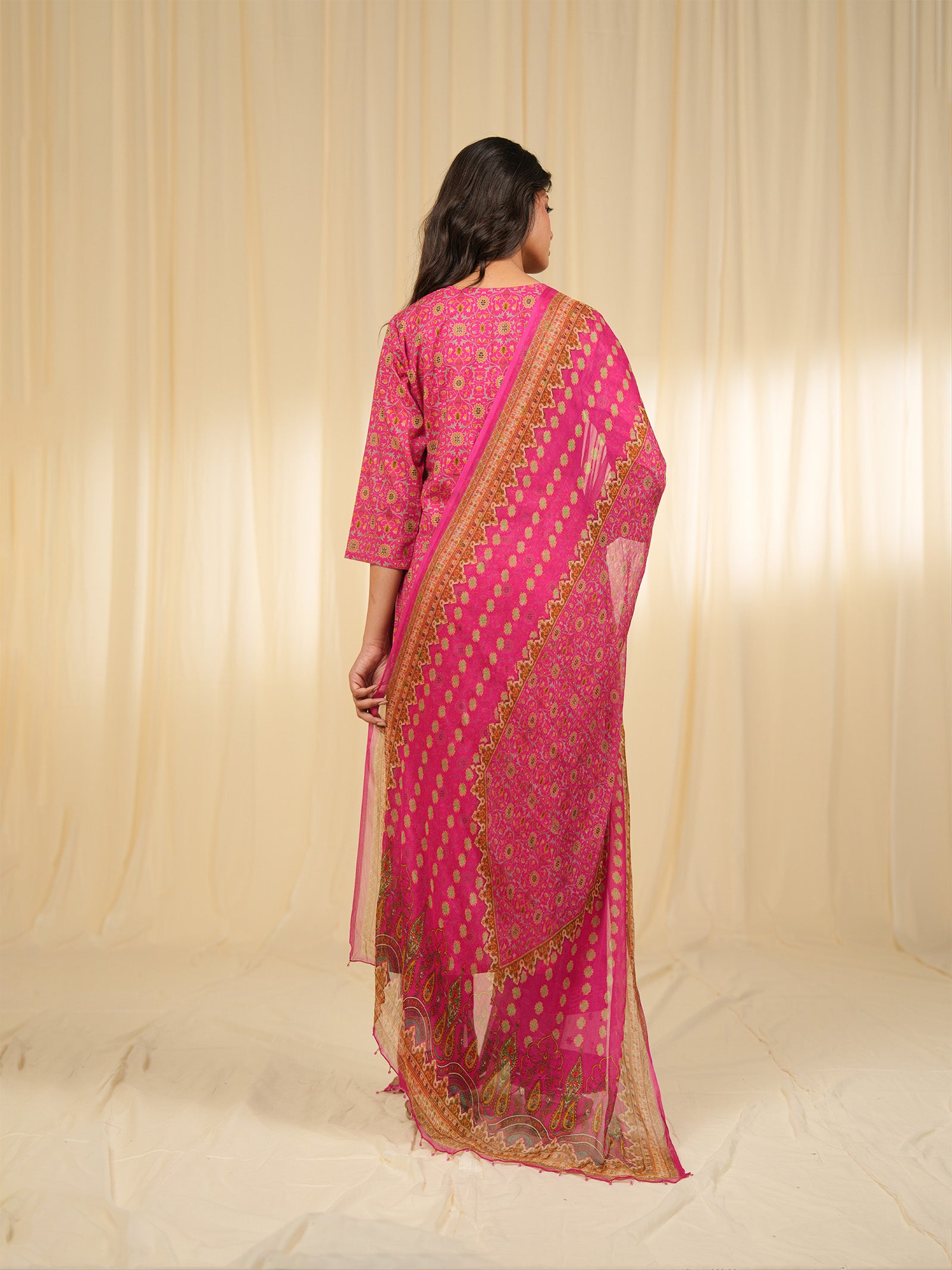 Indian Chintz Fuchsia Chiffon Dupatta