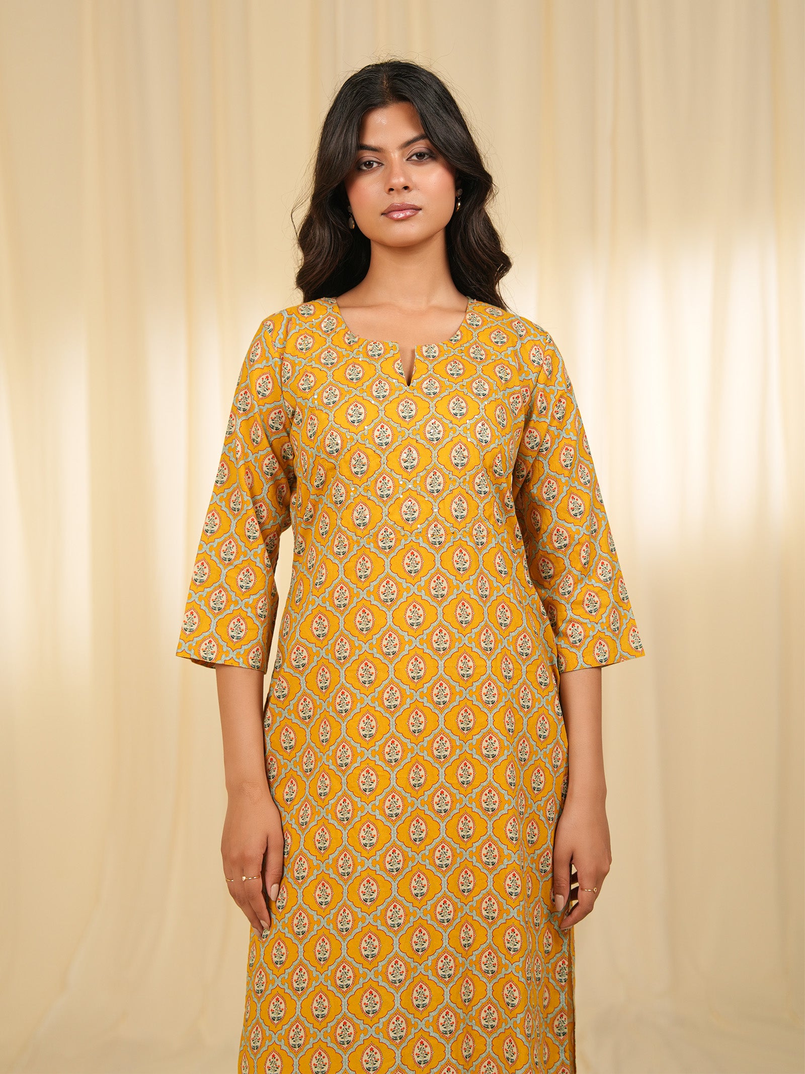 Indian Chintz Mustard Cotton Kurta