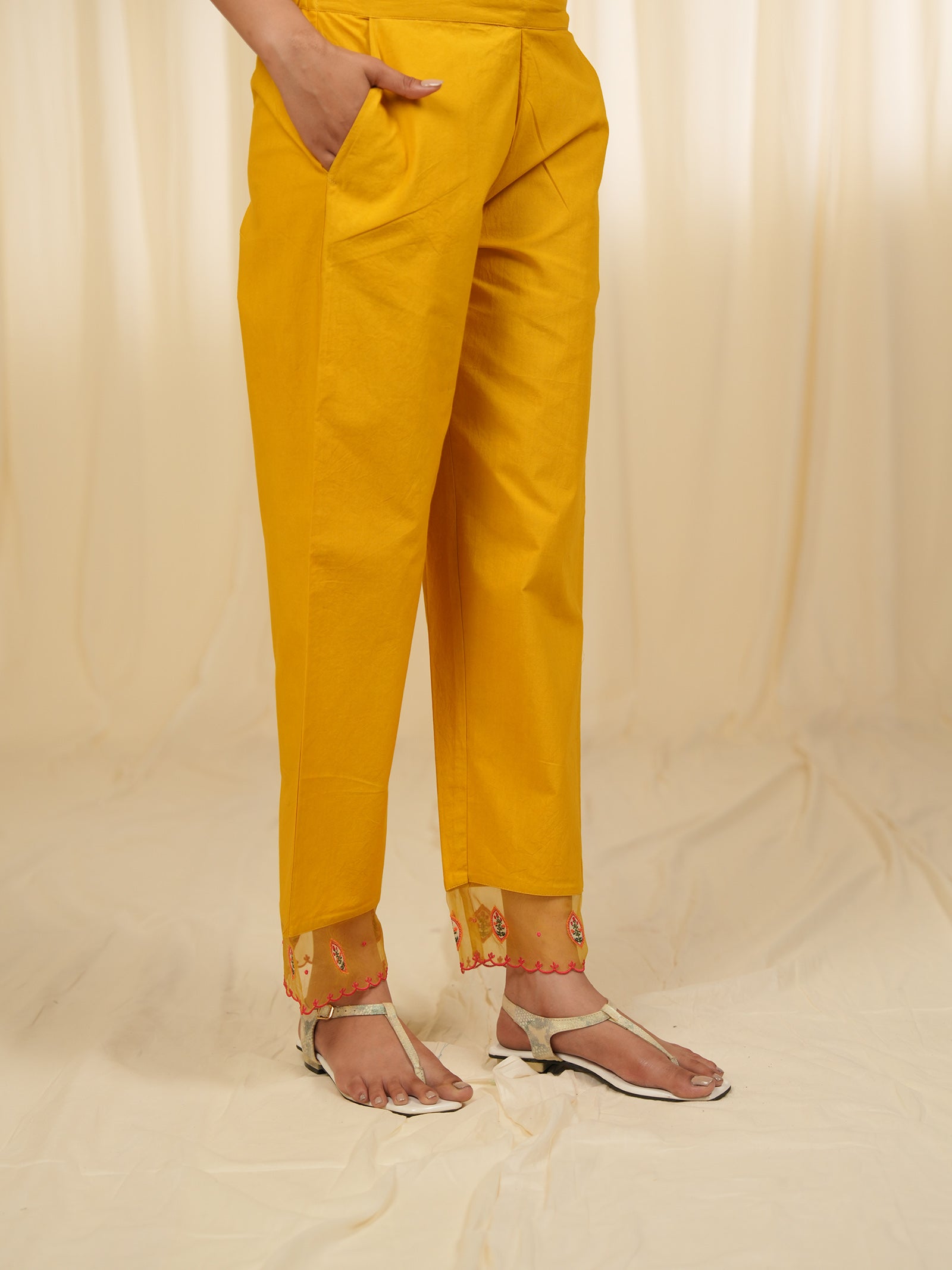 Indian Chintz Mustard Cotton Straight Pants