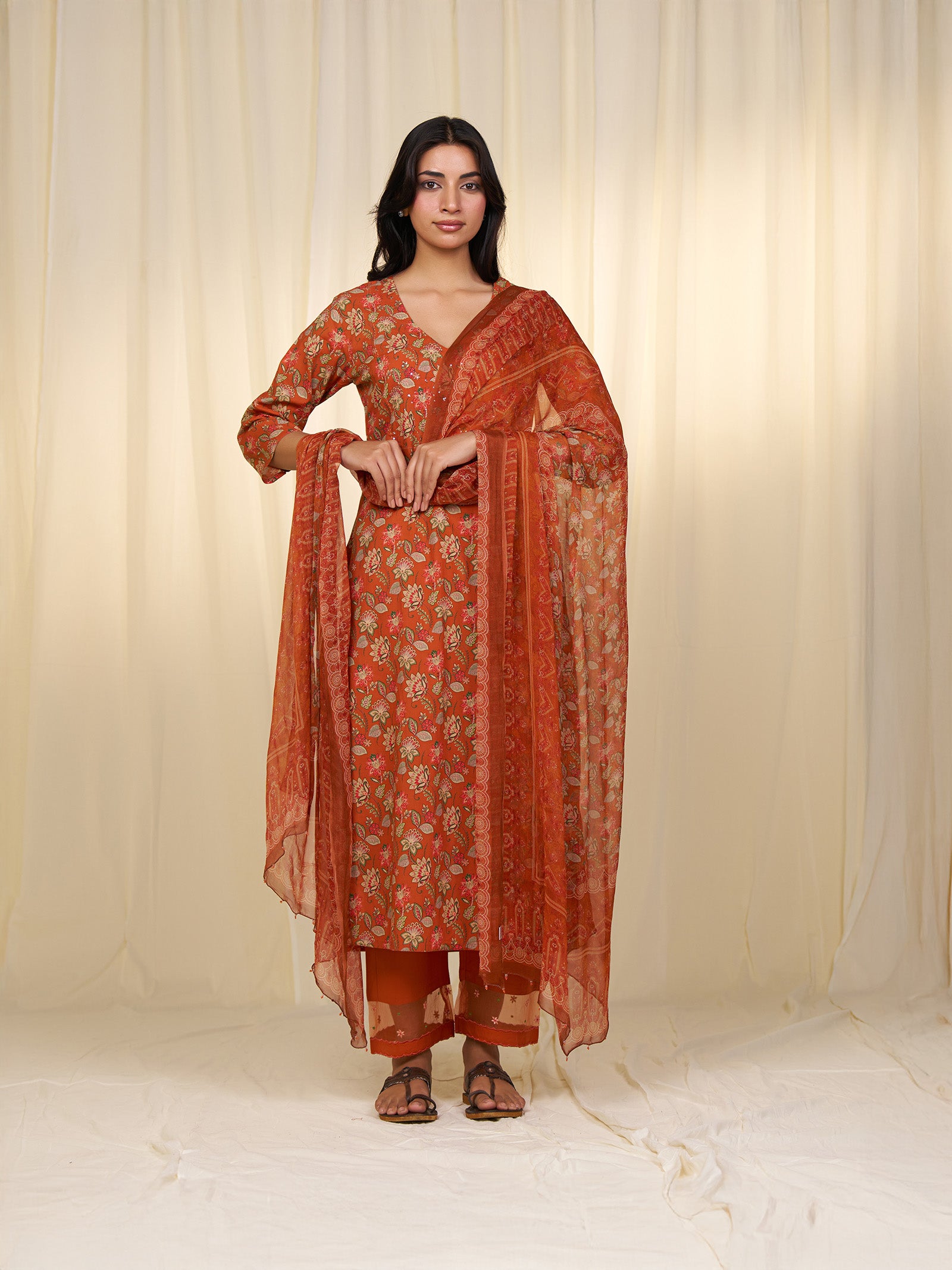 Indian Chintz Tangerine Chiffon Dupatta