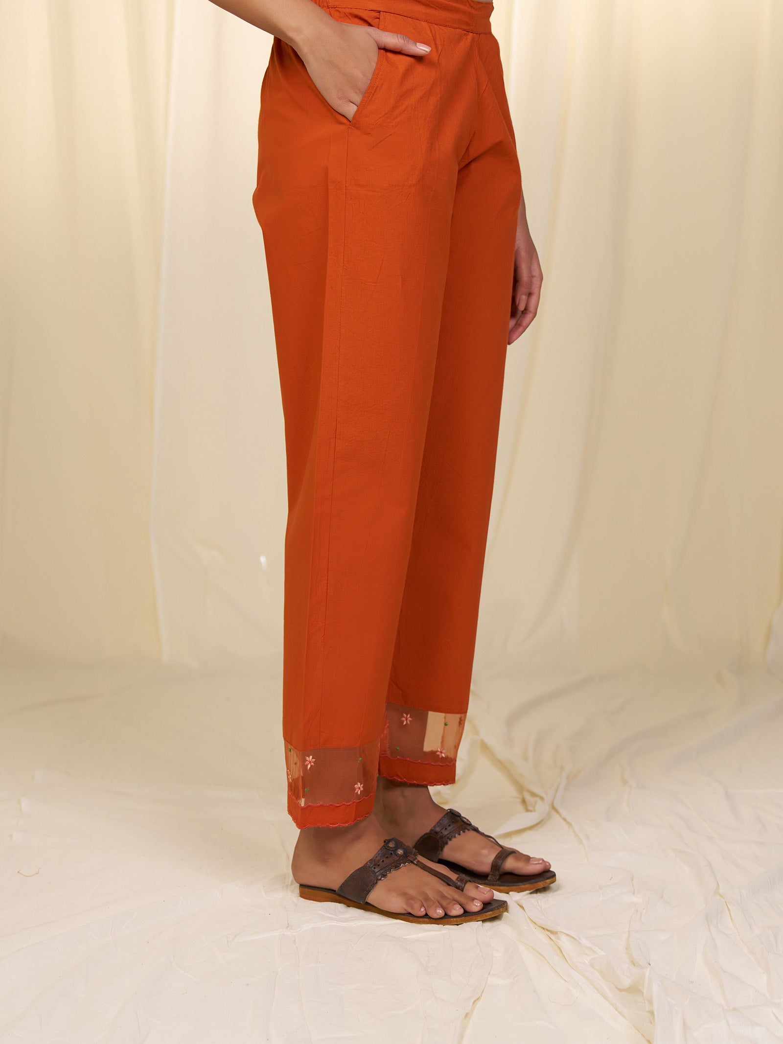 Indian Chintz Tangerine Cotton Straight Pants