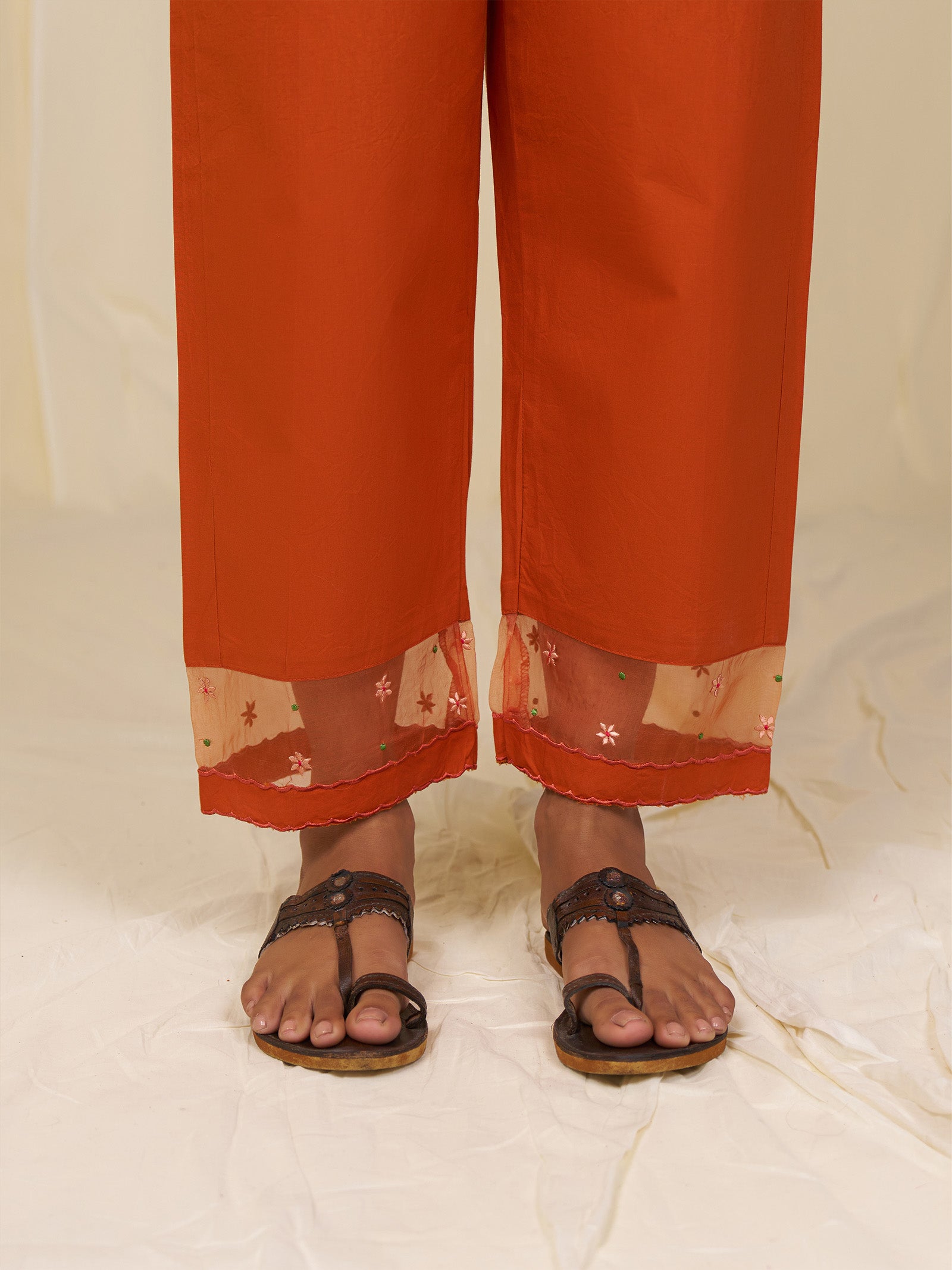 Indian Chintz Tangerine Cotton Straight Pants