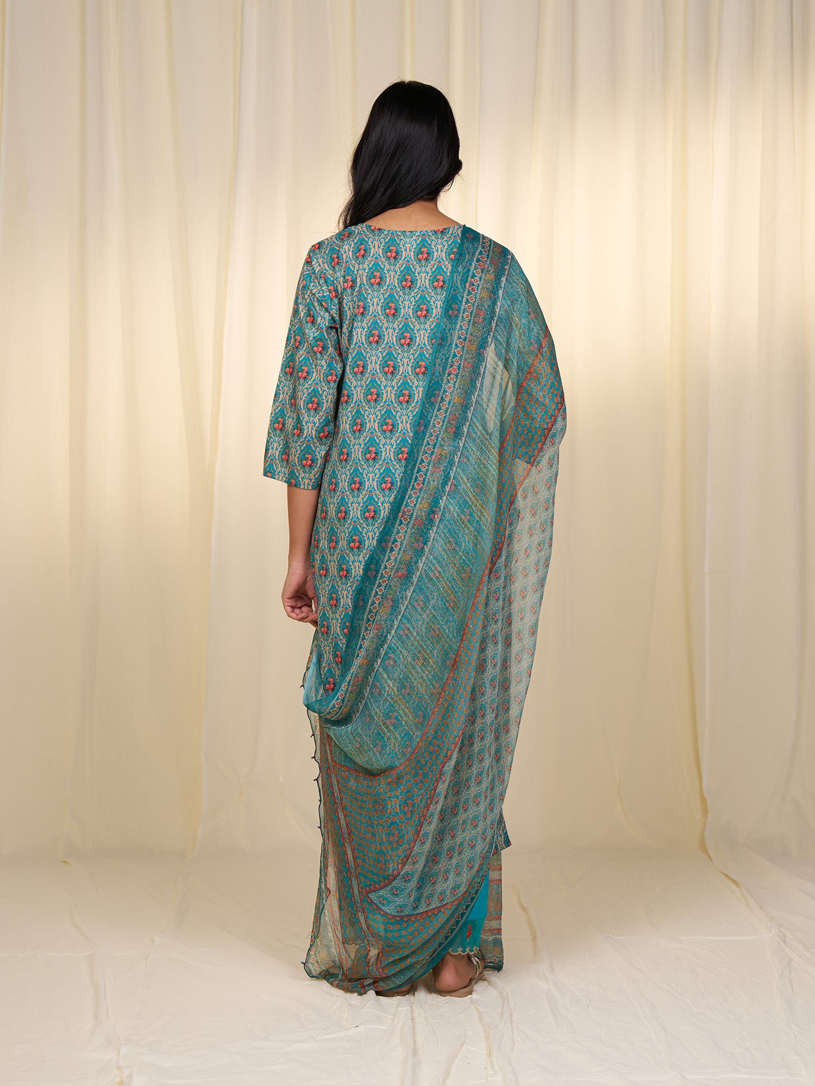 Indian Chintz Teal Chiffon Dupatta