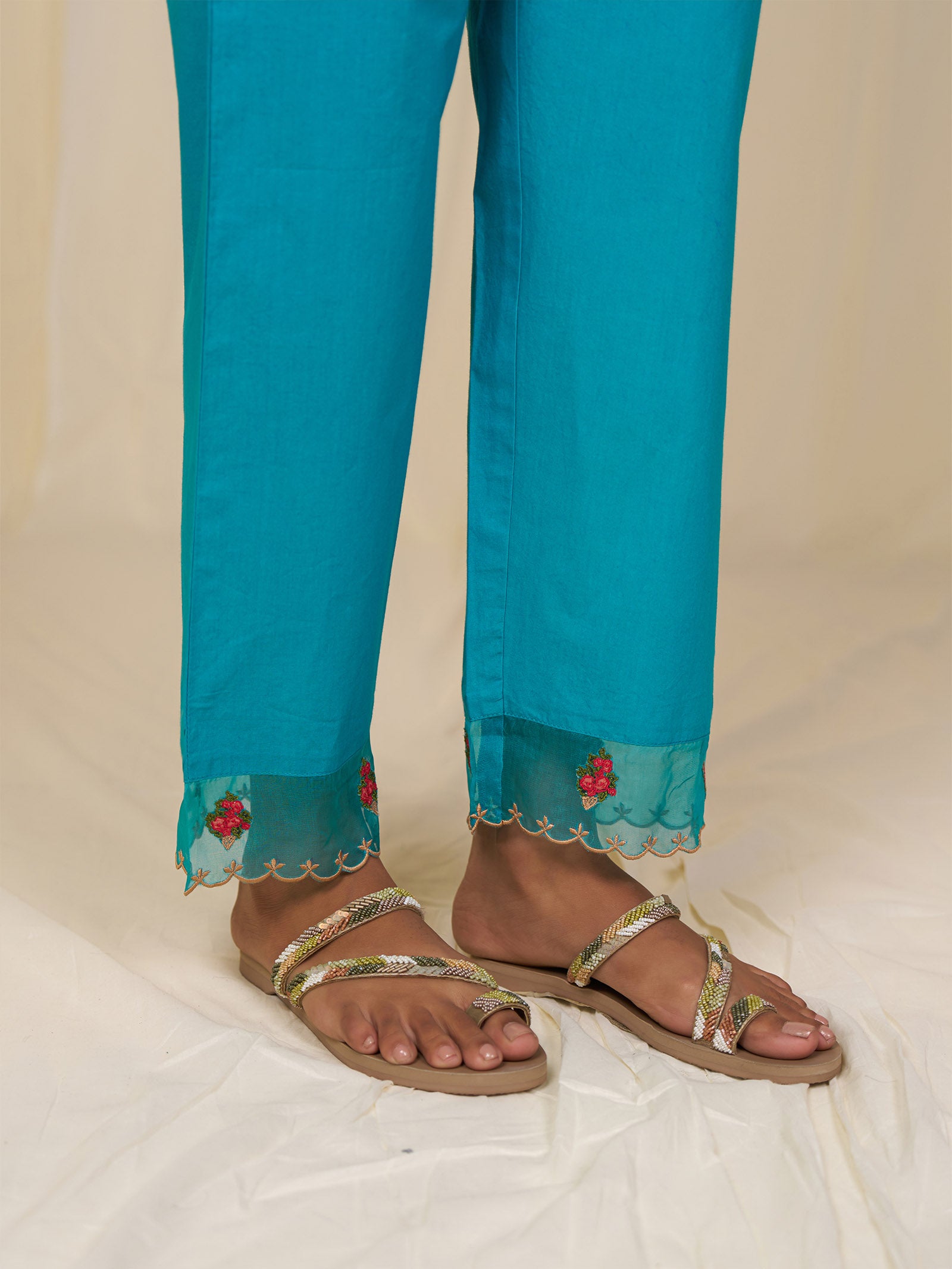 Indian Chintz Teal Cotton Straight Pants