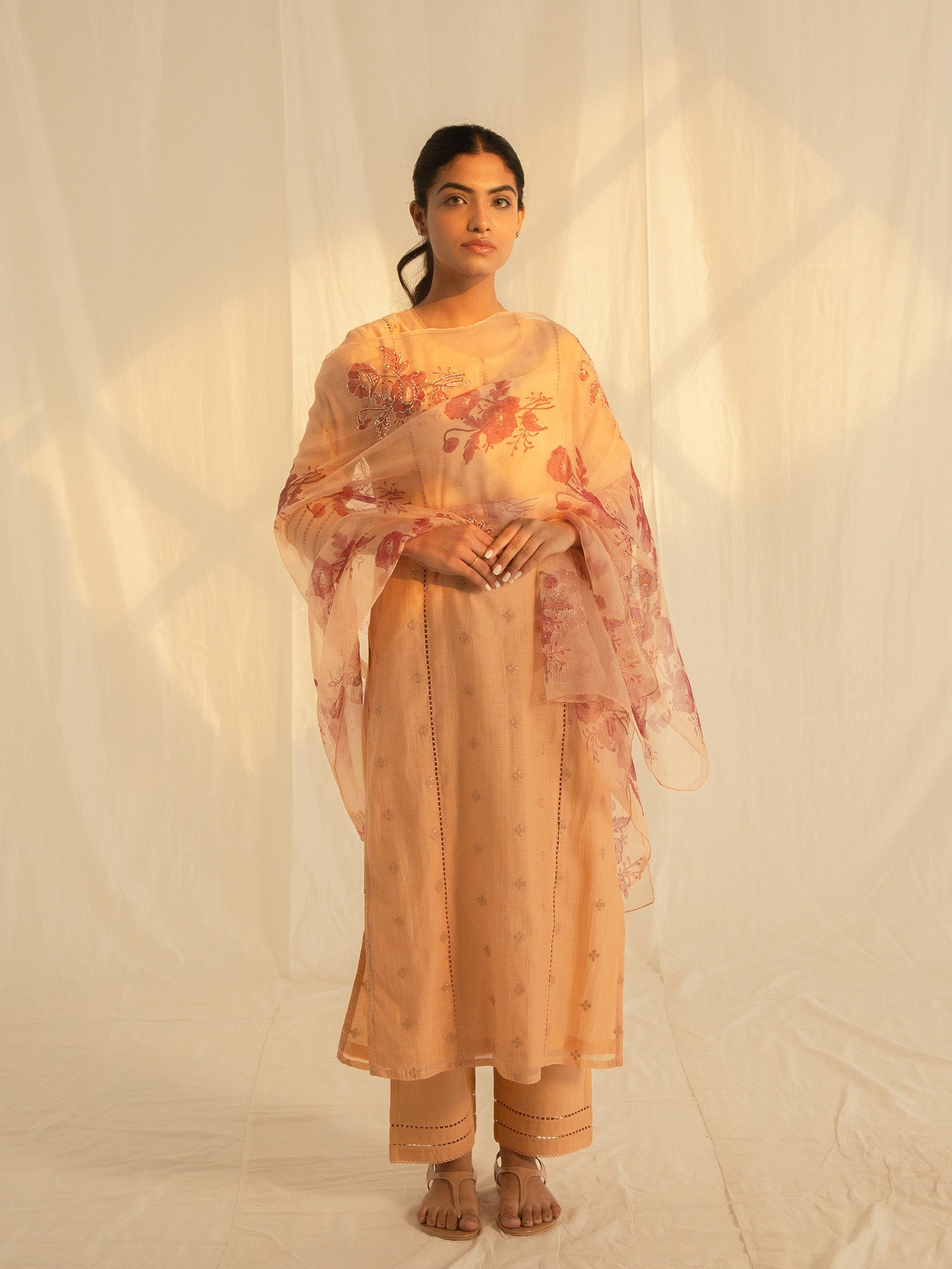 Satin Stitch Peach Chanderi Kurta