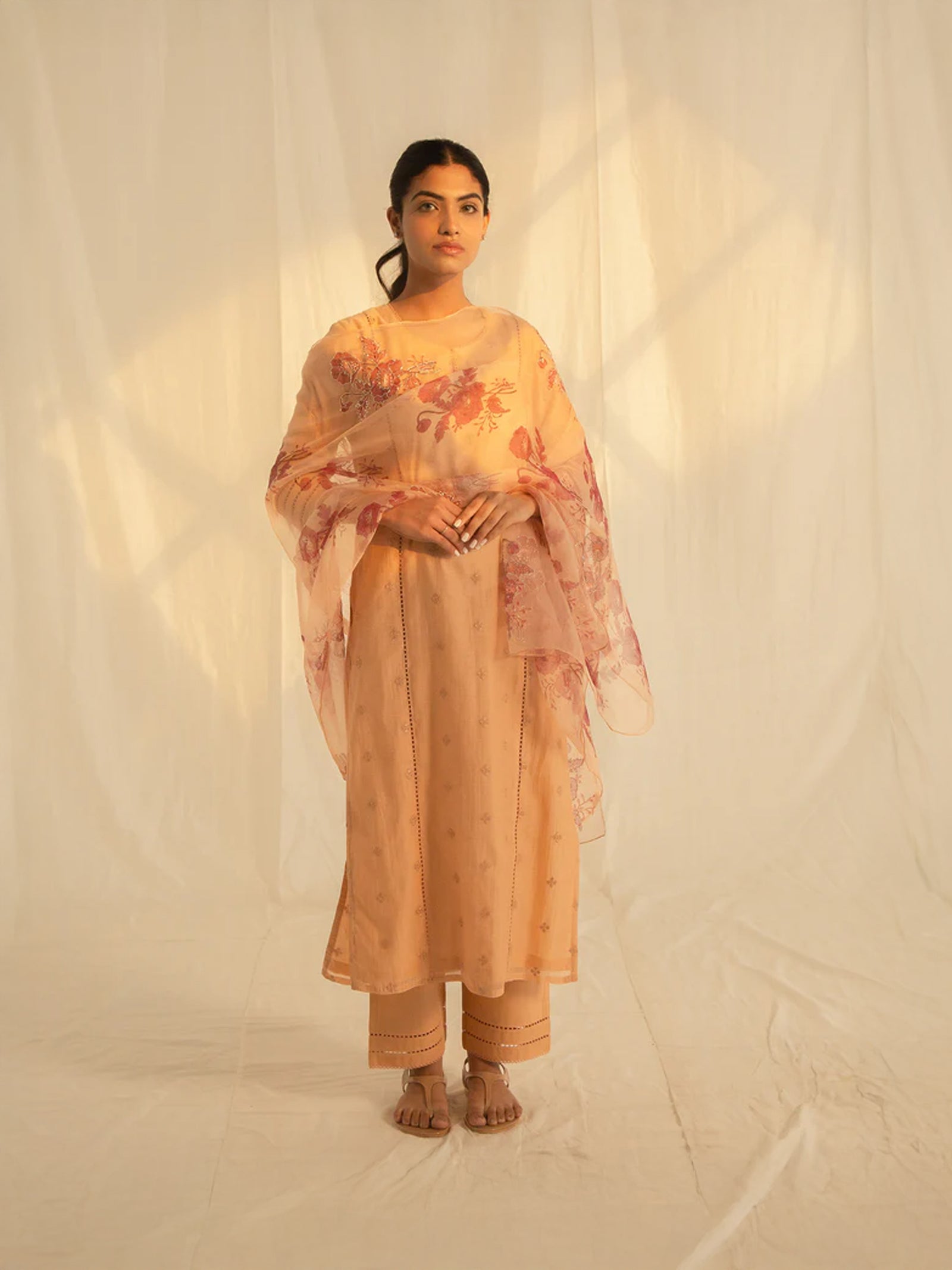 Satin Stitch Peach Chanderi Kurta