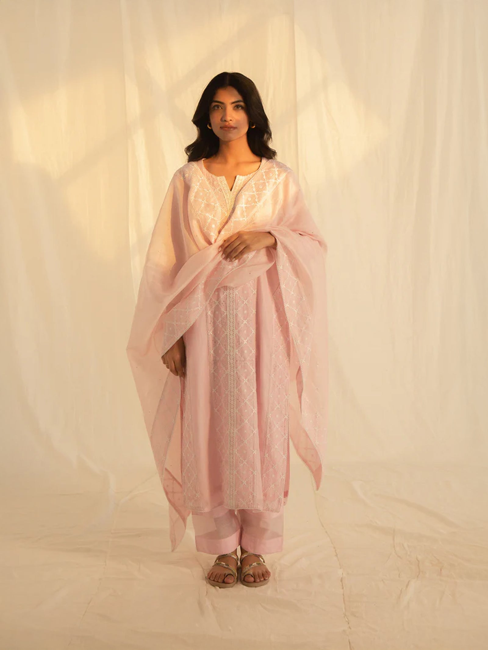 Satin Stitch Pink Chanderi Dupatta