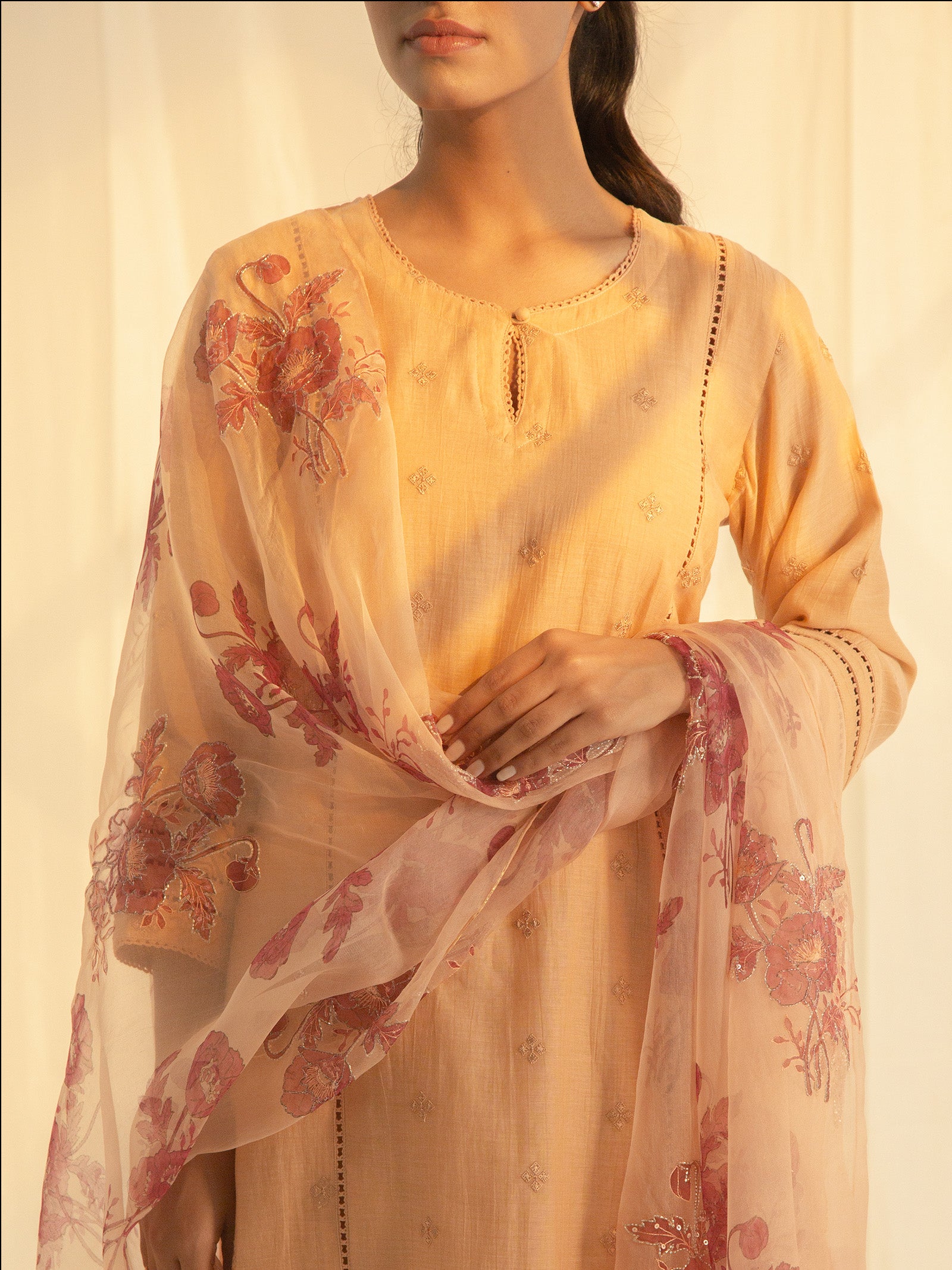 Satin Stitch Peach Chanderi Kurta