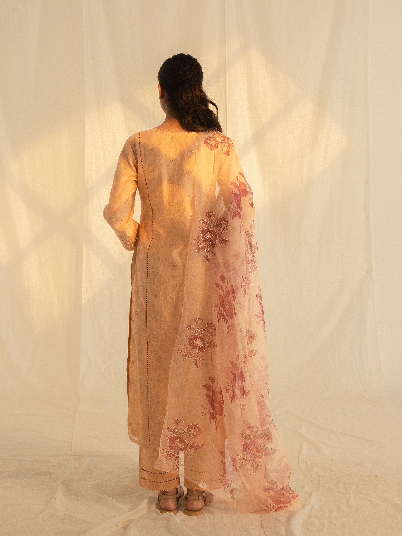 Satin Stitch Peach Chanderi Kurta