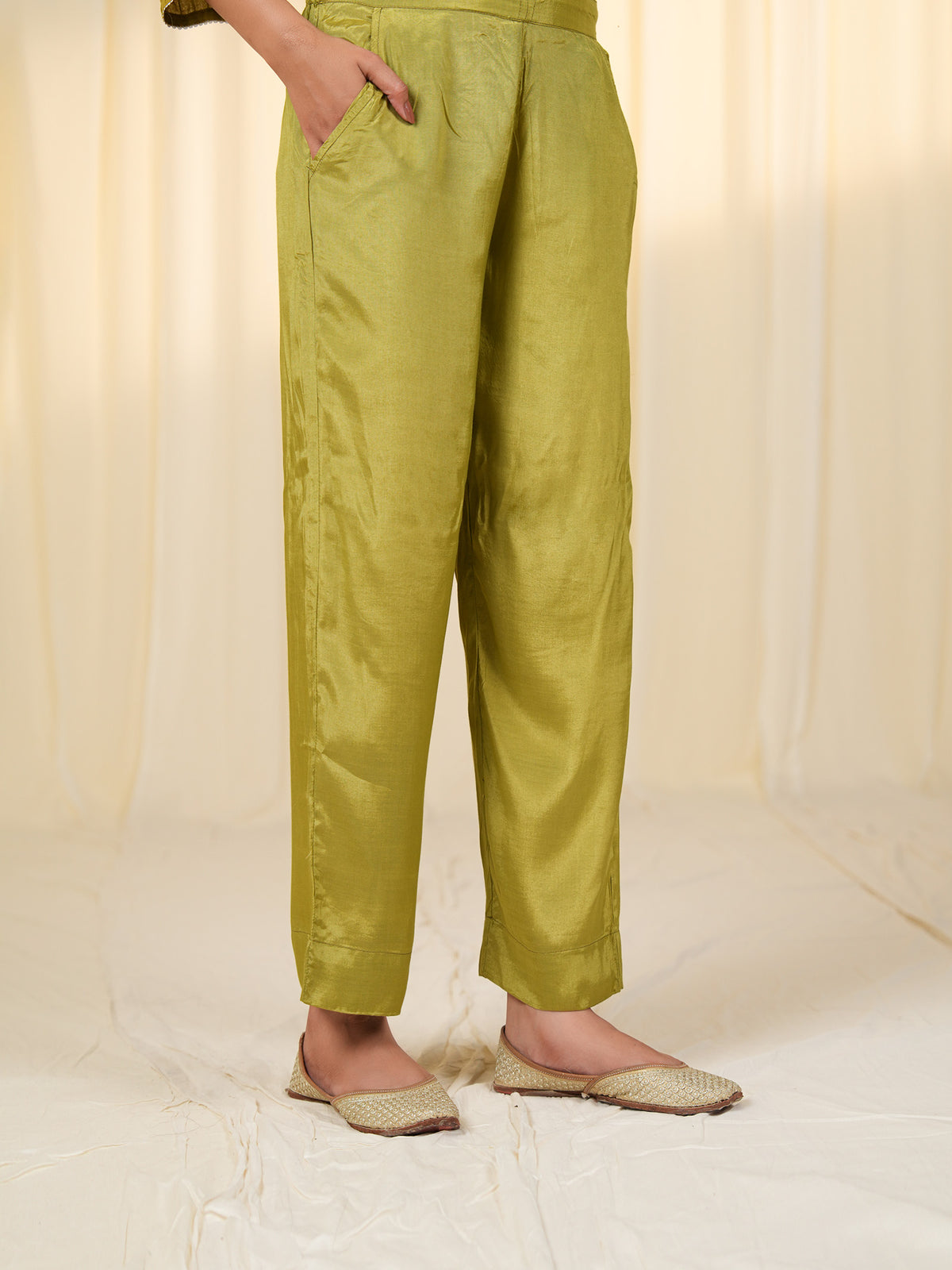 Laced-Up Avocado Bamboo Silk Straight Pants