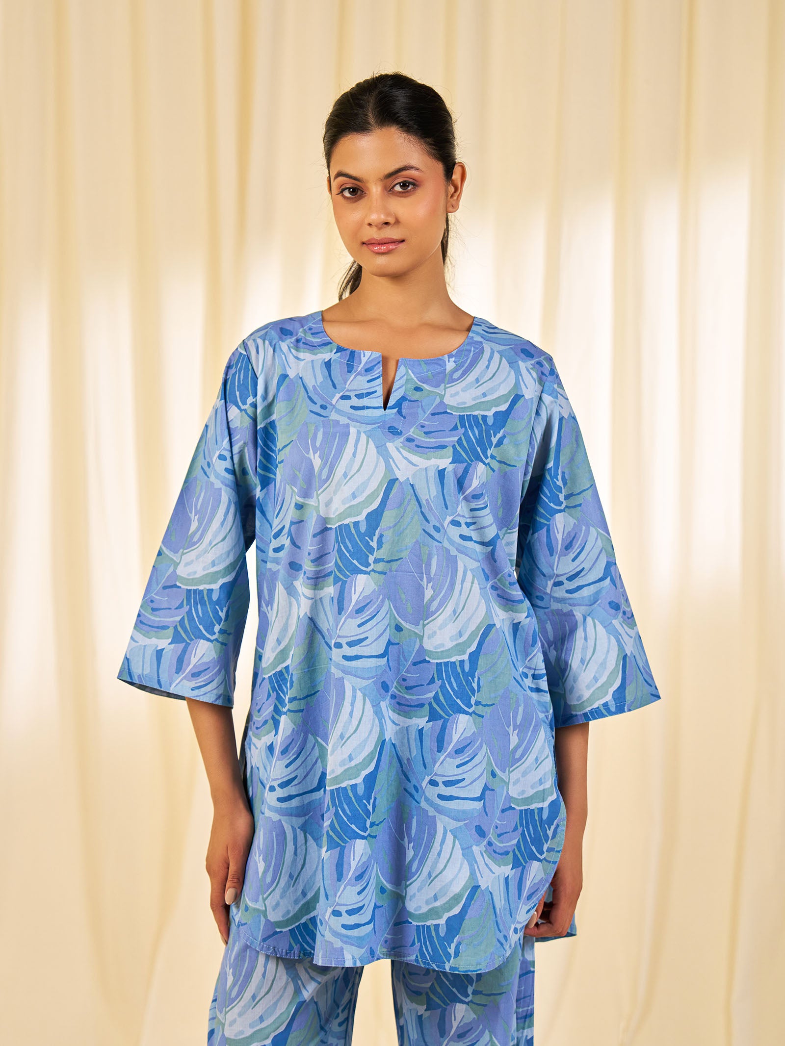 Leaves Blue Cotton Night Suit