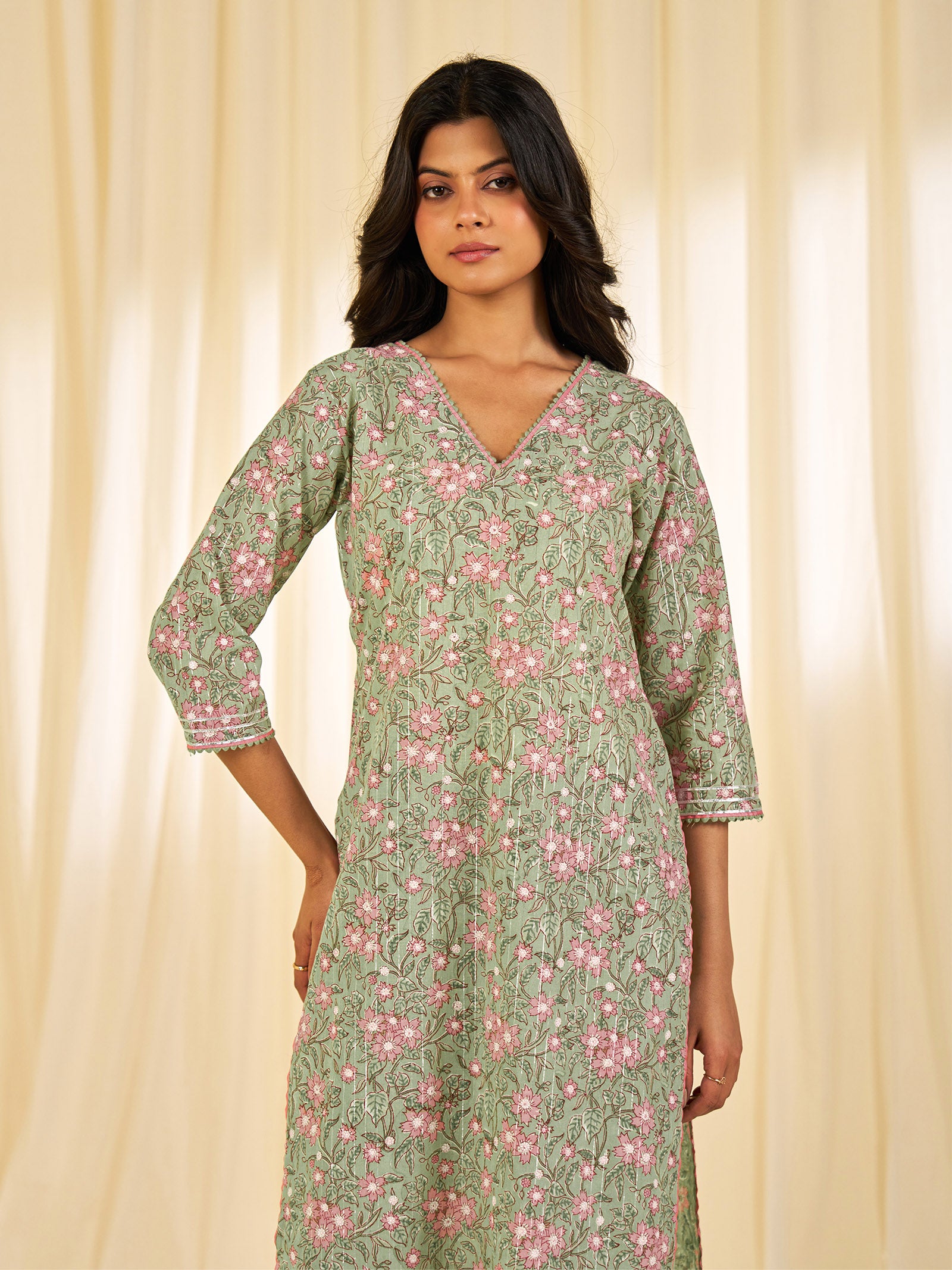 Olive Green - Lurex Cotton Kurta