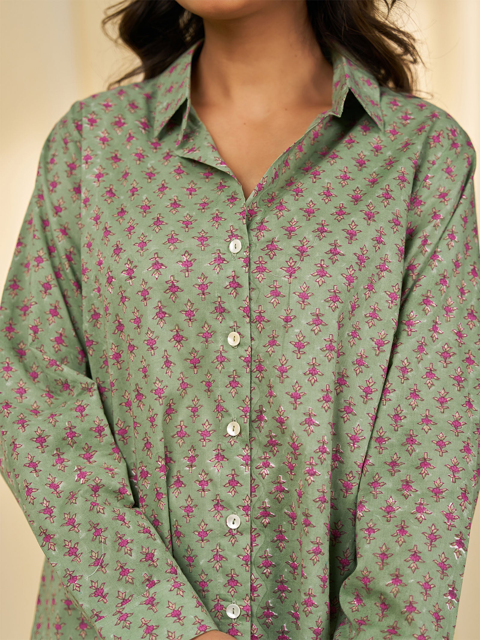 Olive Green - Printed Cotton Shirt