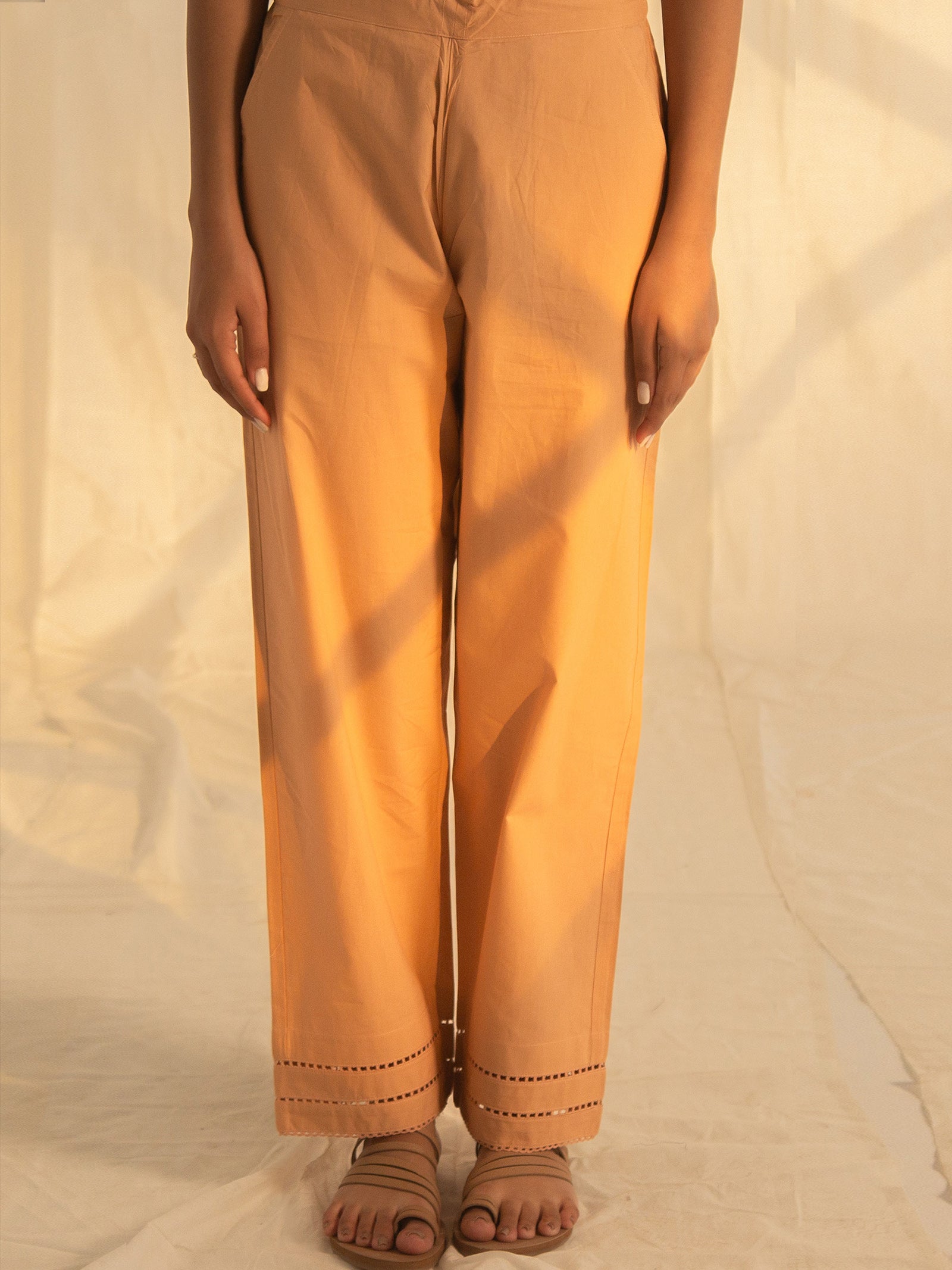 Satin Stitch Peach Cotton Straight Pant