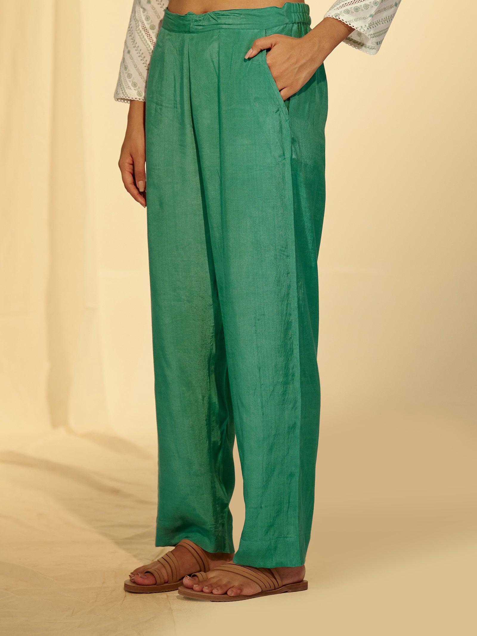 Festive Emerald Bamboo Silk Straight Pant