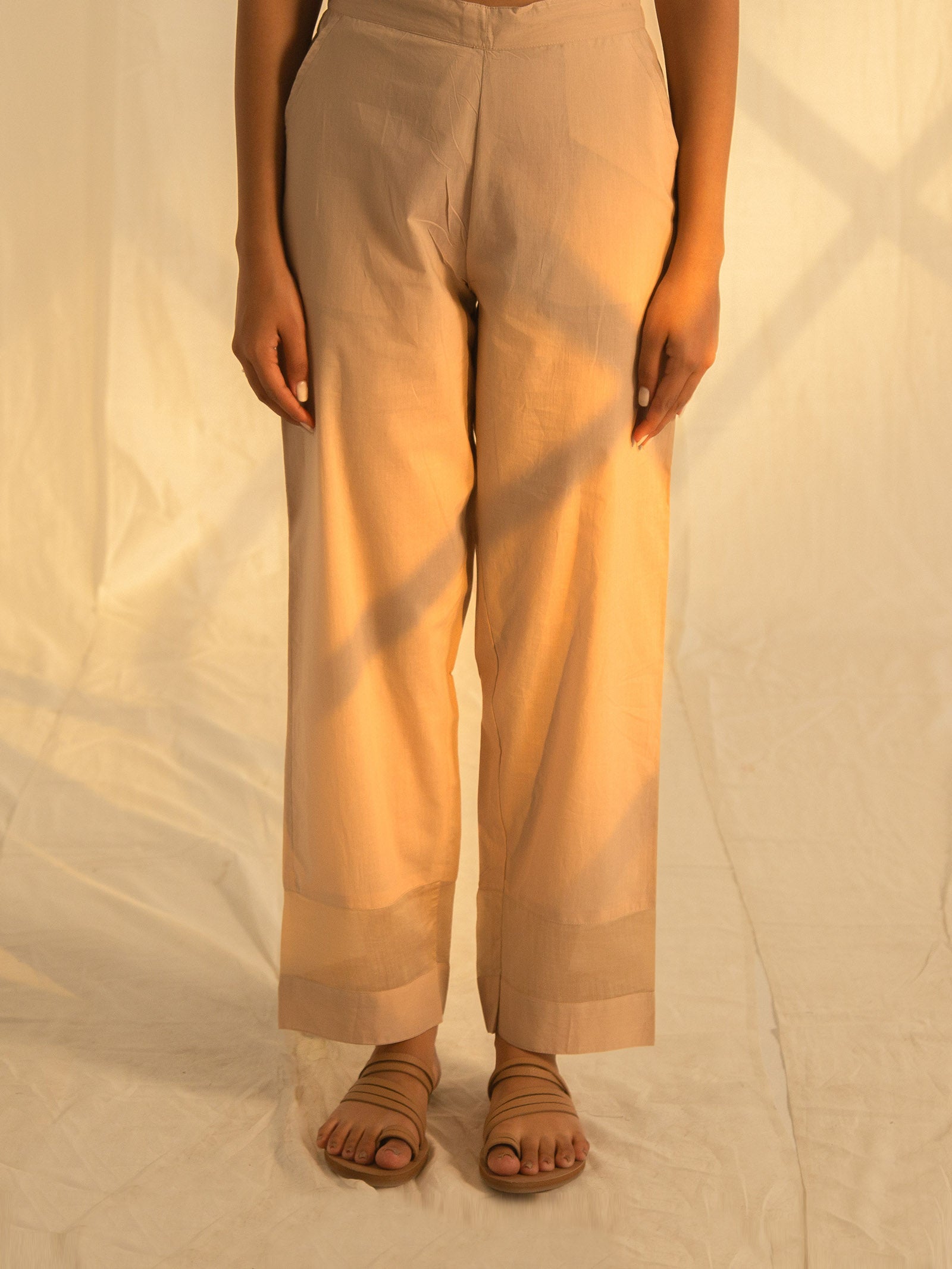 Satin Stitch Beige Cotton Straight Pant