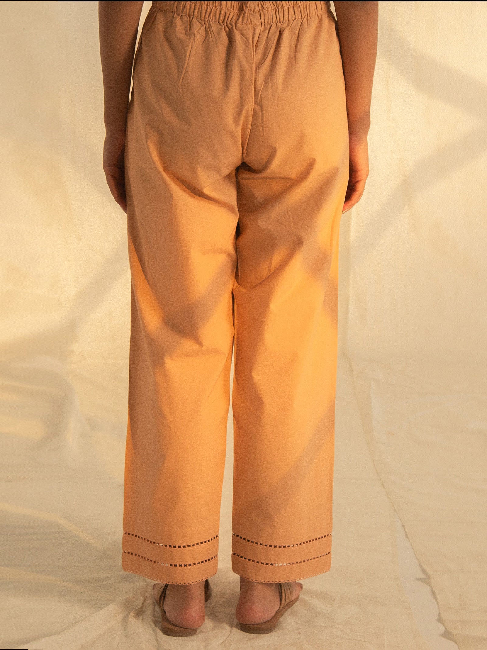 Satin Stitch Peach Cotton Straight Pant