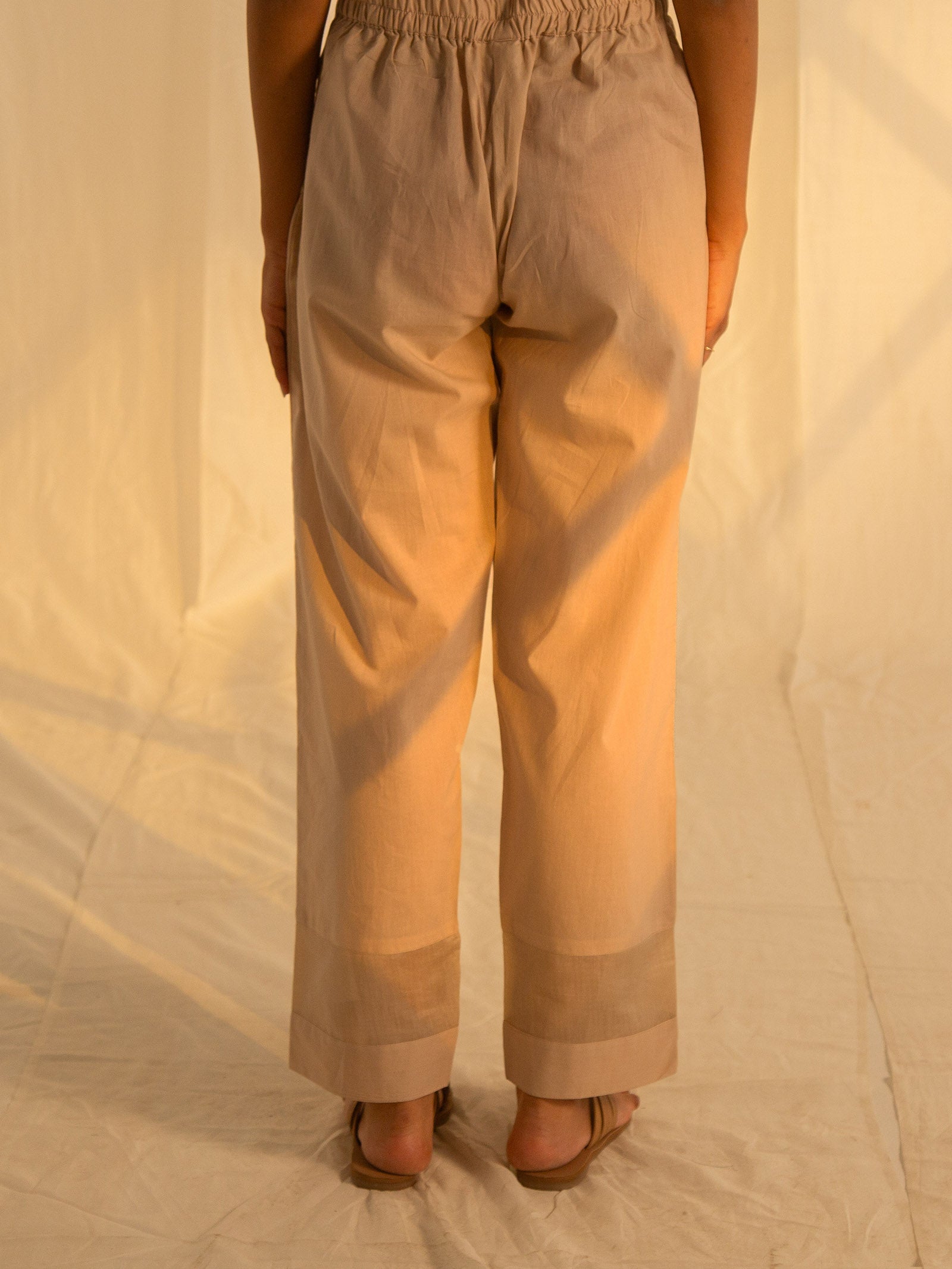 Satin Stitch Beige Cotton Straight Pant